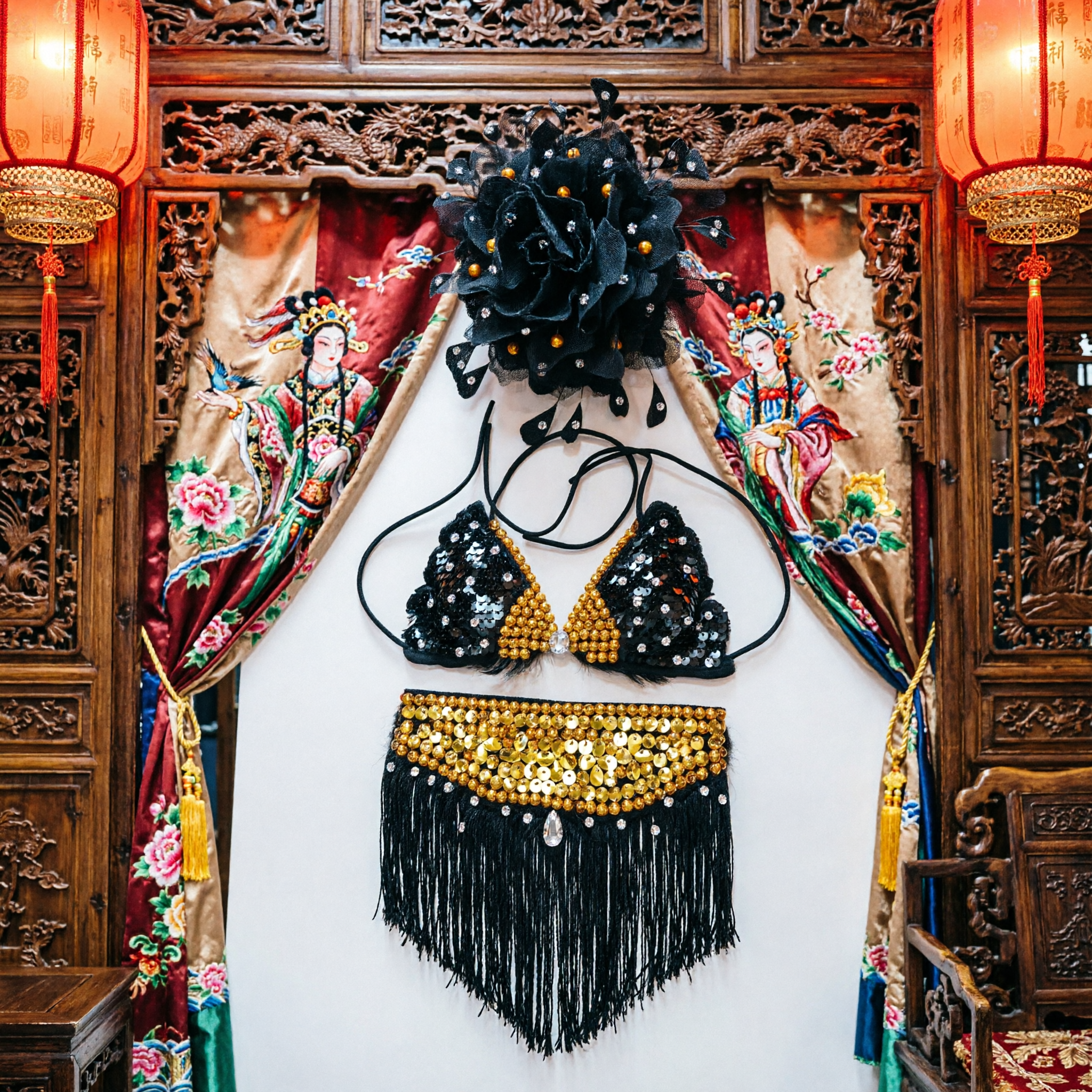 Black Feather Rhinestone Headpiece and Chest Piece Set for Women's Burlesque Cabaret Stage Performance Costume - Asian Costume