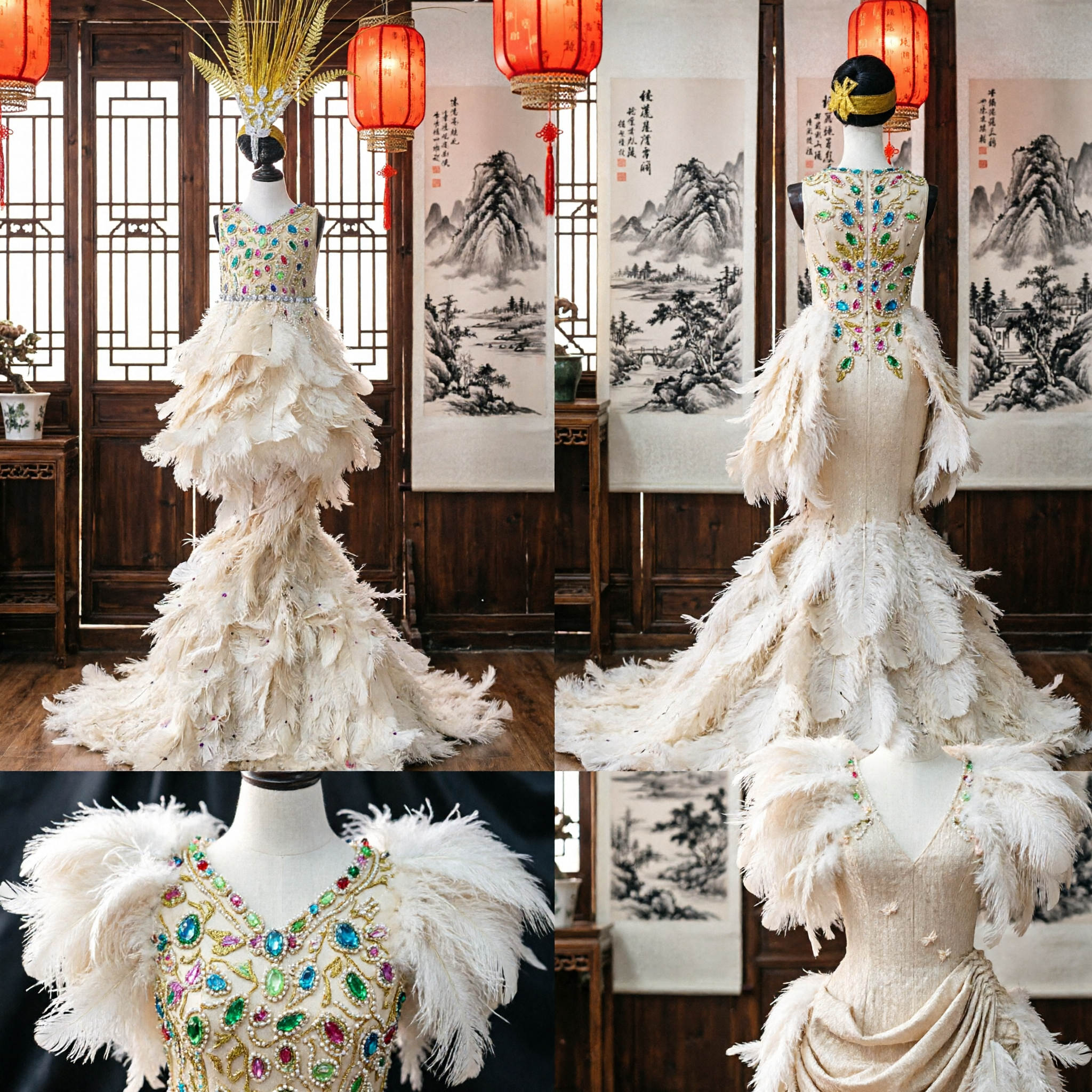 レディース ラグジュアリー ホワイトフェザー マーメイドカーニバル衣装（ゴールドヘッドドレス付き）サンバダンサーステージパフォーマンス ショーガール衣装 - Asian Costume