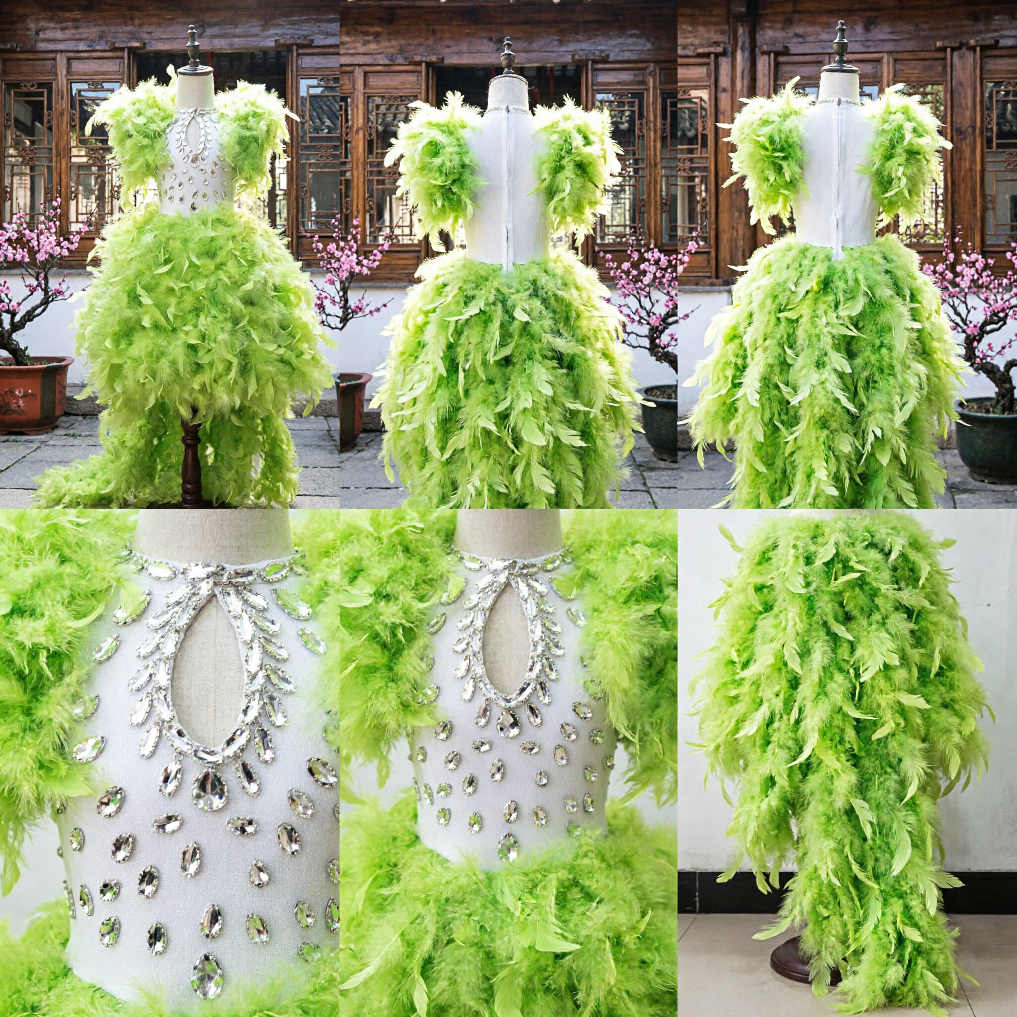Professional Lime Green Feather Latin Dance Dress for Women Salsa Ballroom Competition Performance Costume with Rhinestones - Asian Costume