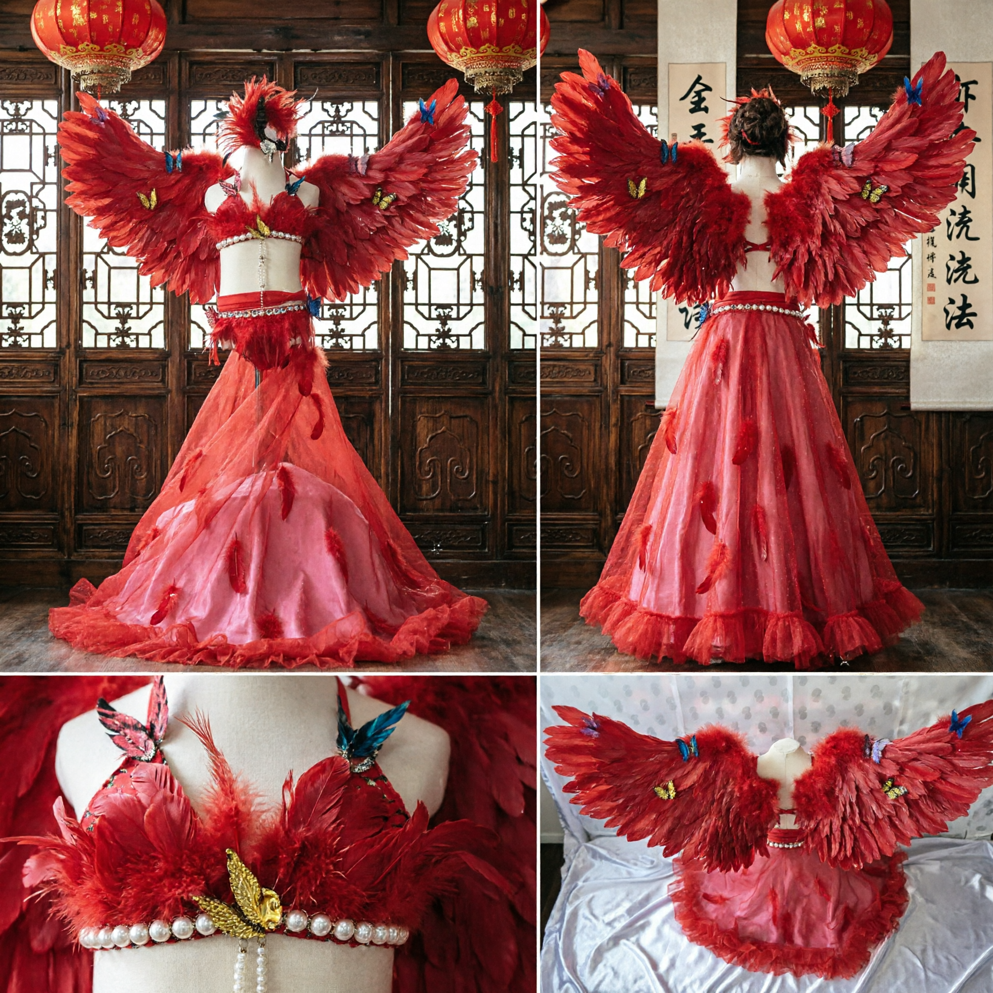 Costume carnaval à ailes en plumes rouges pour femmes, robe de showgirl samba avec accents papillon pour défilé sur scène - Asian Costume