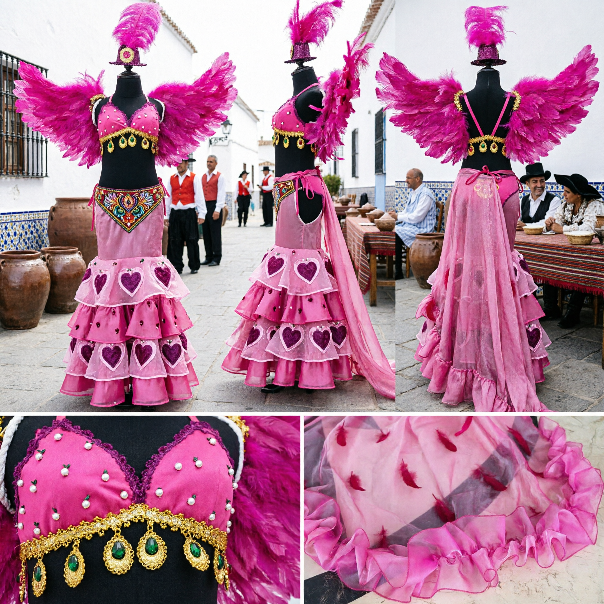 Traje de Samba Carnaval Feminino com Asas de Penas Rosas, Vestido para Performance de Dança do Ventre no Palco com Adorno de Cabeça - Asian Costume