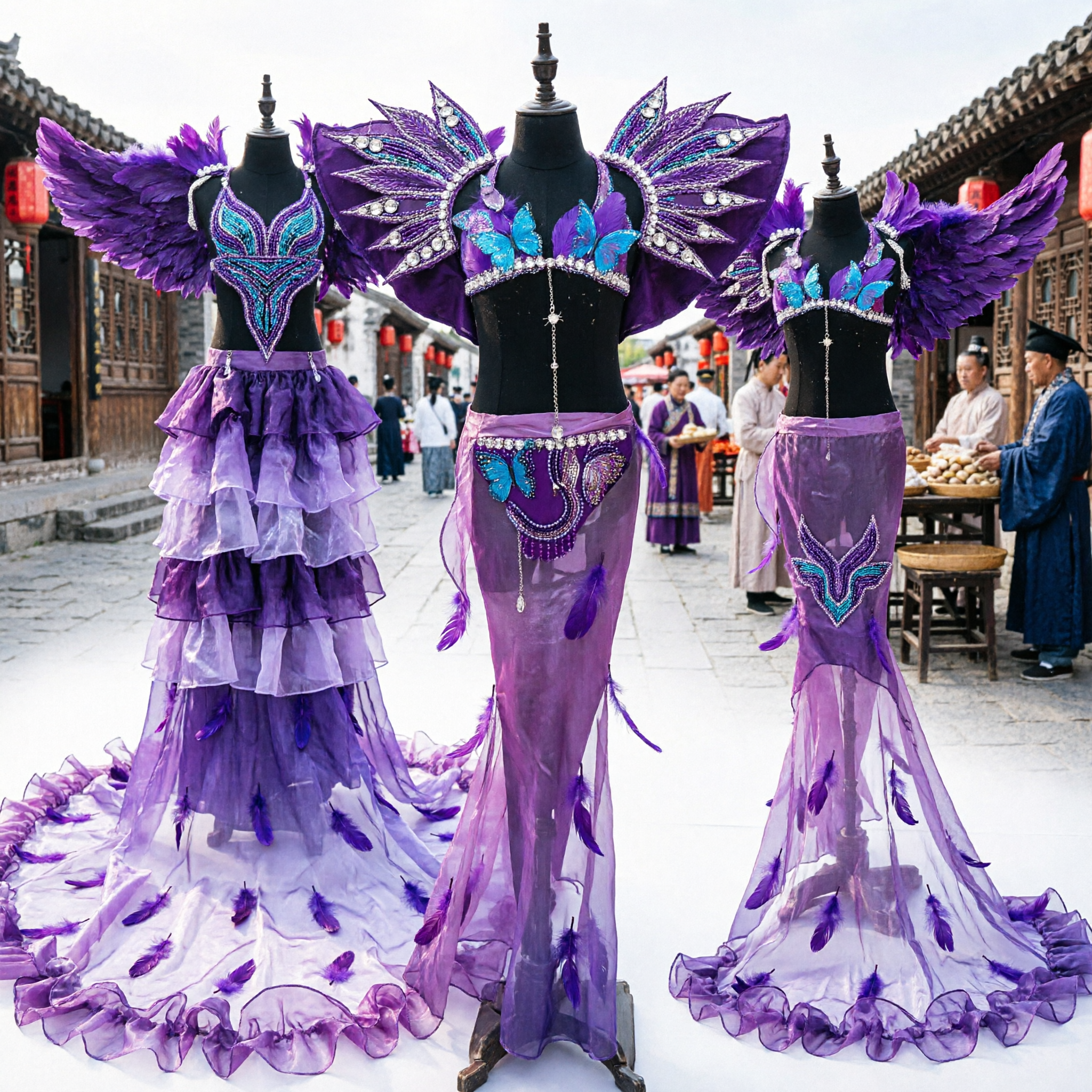 Traje de Danza Samba de Carnaval de Río Púrpura para Mujer con Grandes Alas de Plumas y Falda Larga de Sirena con Volantes - Asian Costume