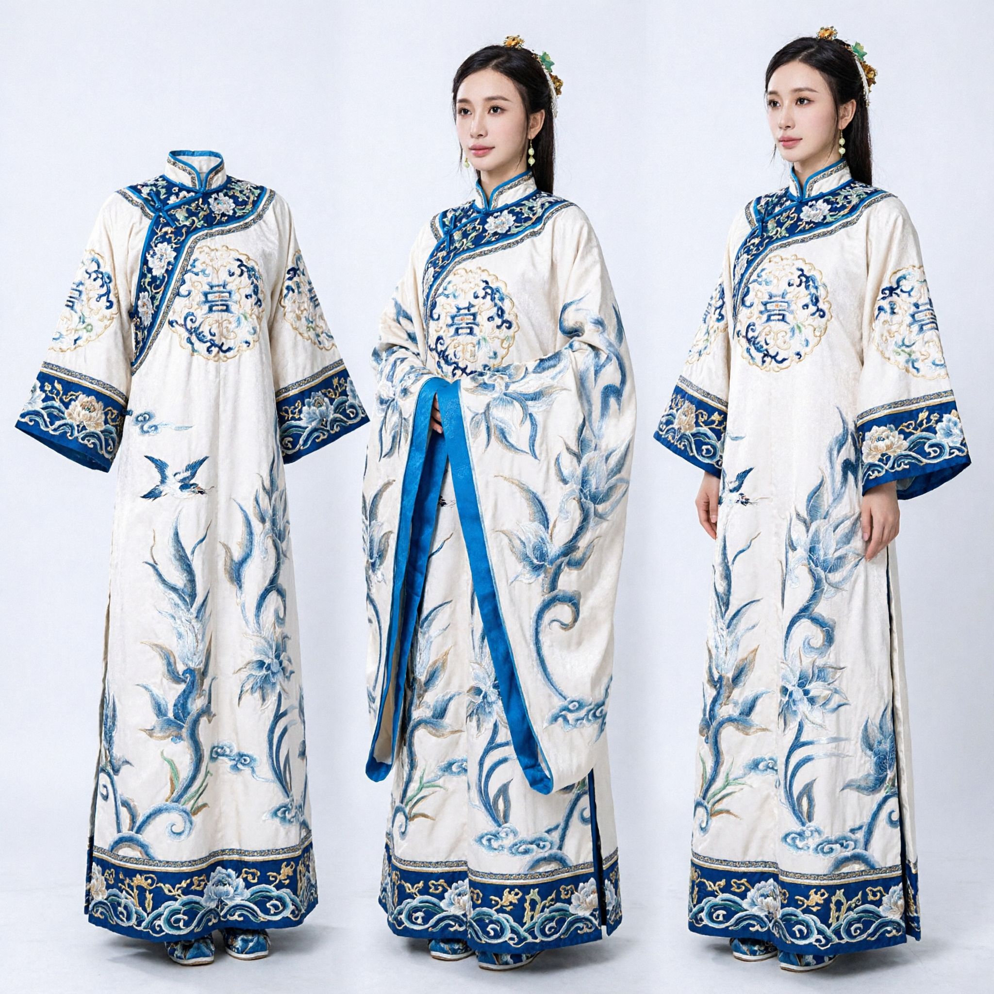 Traditionelles Chinesisches Hanfu-Kostüm Antike Palastdame Blau-Weiß Blumenmuster Weitärmeliger Robe für Frauen - Asian Costume
