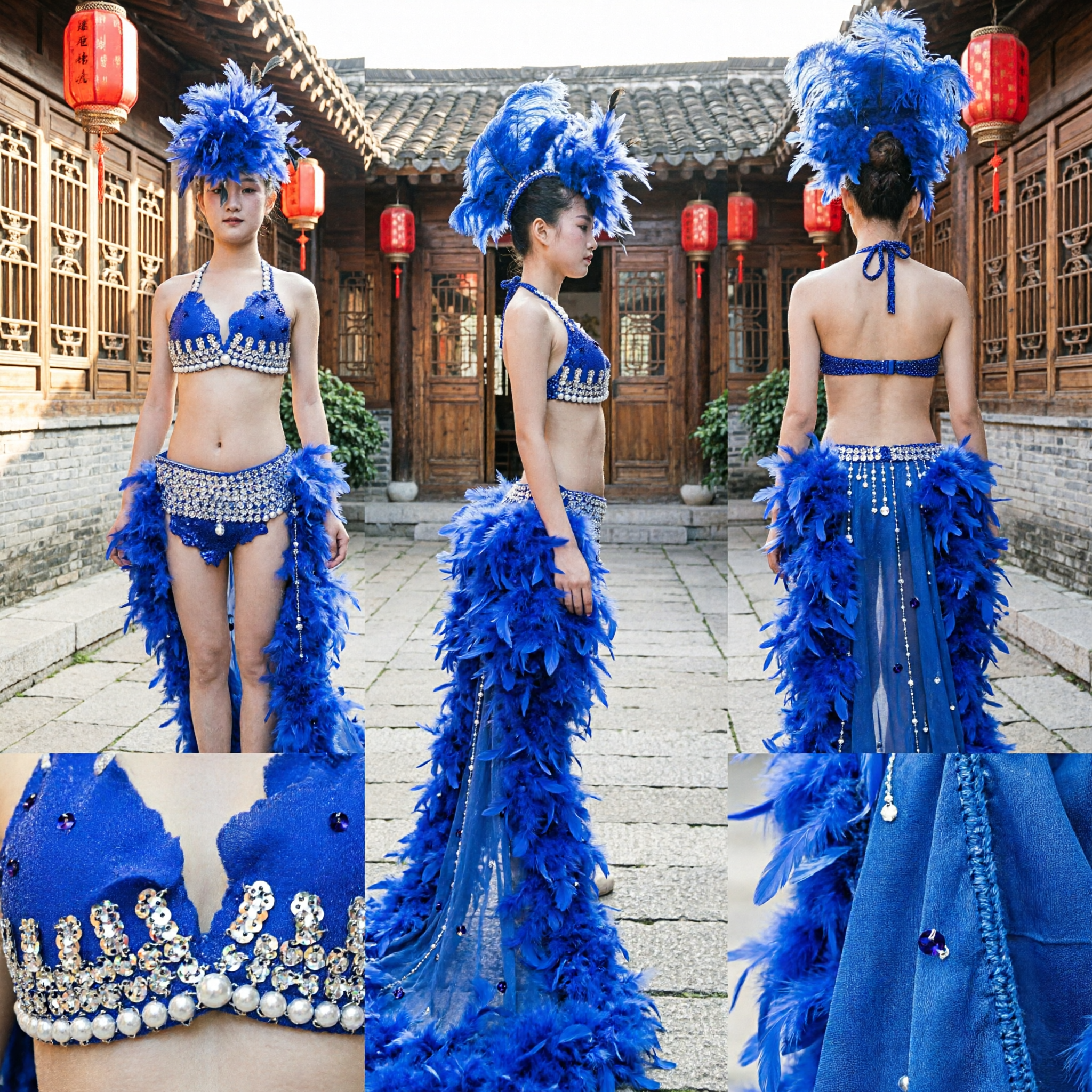 Costume Samba Carnevale Blu Reale con Copricapo a Piume e Set Bikini con Strass per Donne Spettacolo da Scena - Asian Costume