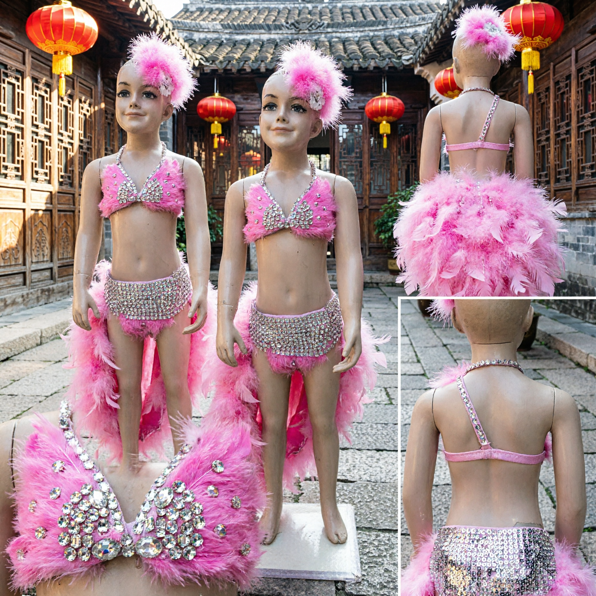 Costume Danza Latina con Piume Rosa per Bambine Set Bikini Samba Carnevale con Top a Strass e Tutù - Asian Costume