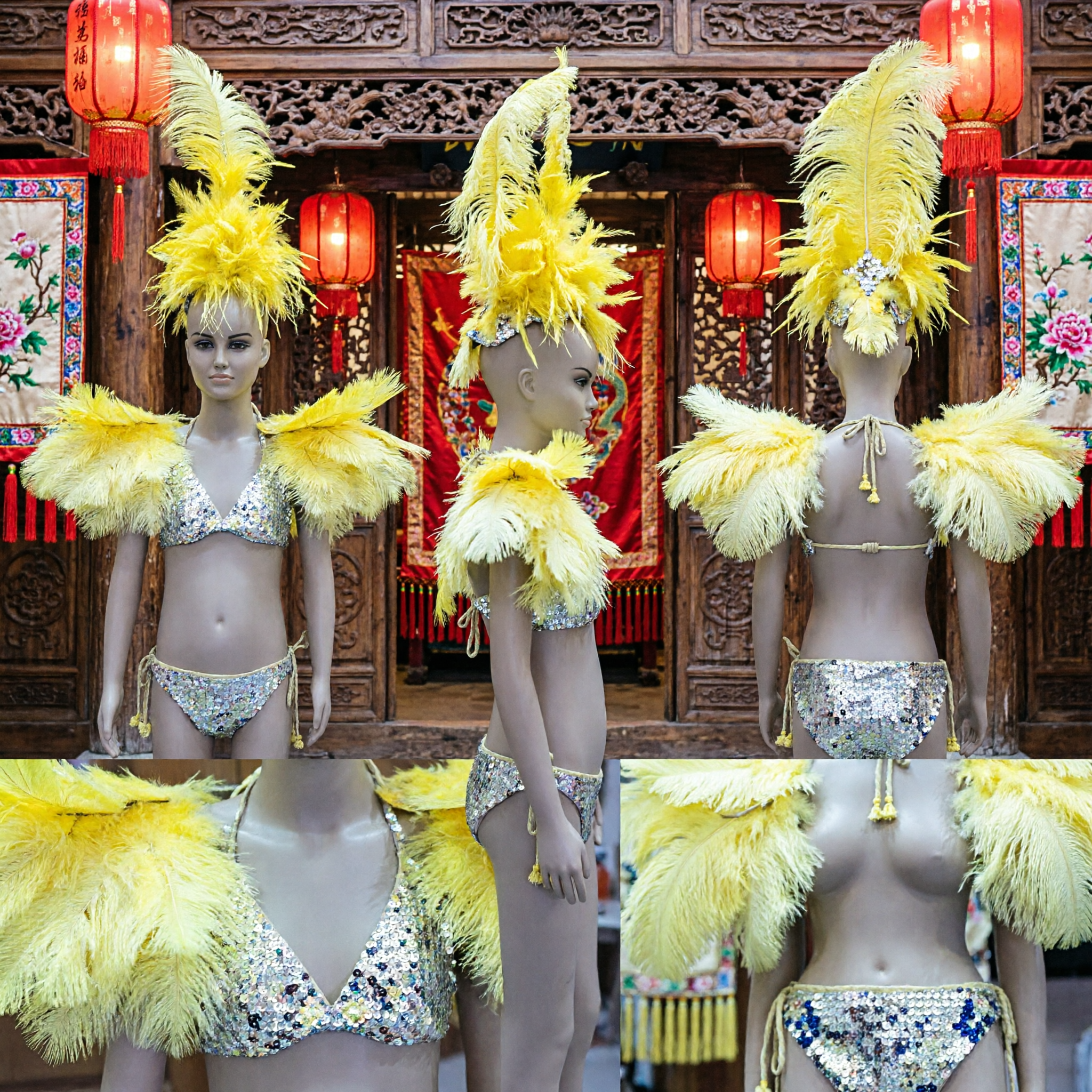 Traje de Baile Samba para Carnaval de Río Brasileño para Mujer, Conjunto de Bikini con Tocado de Plumas Amarillas para Espectáculos en Escenario - Asian Costume