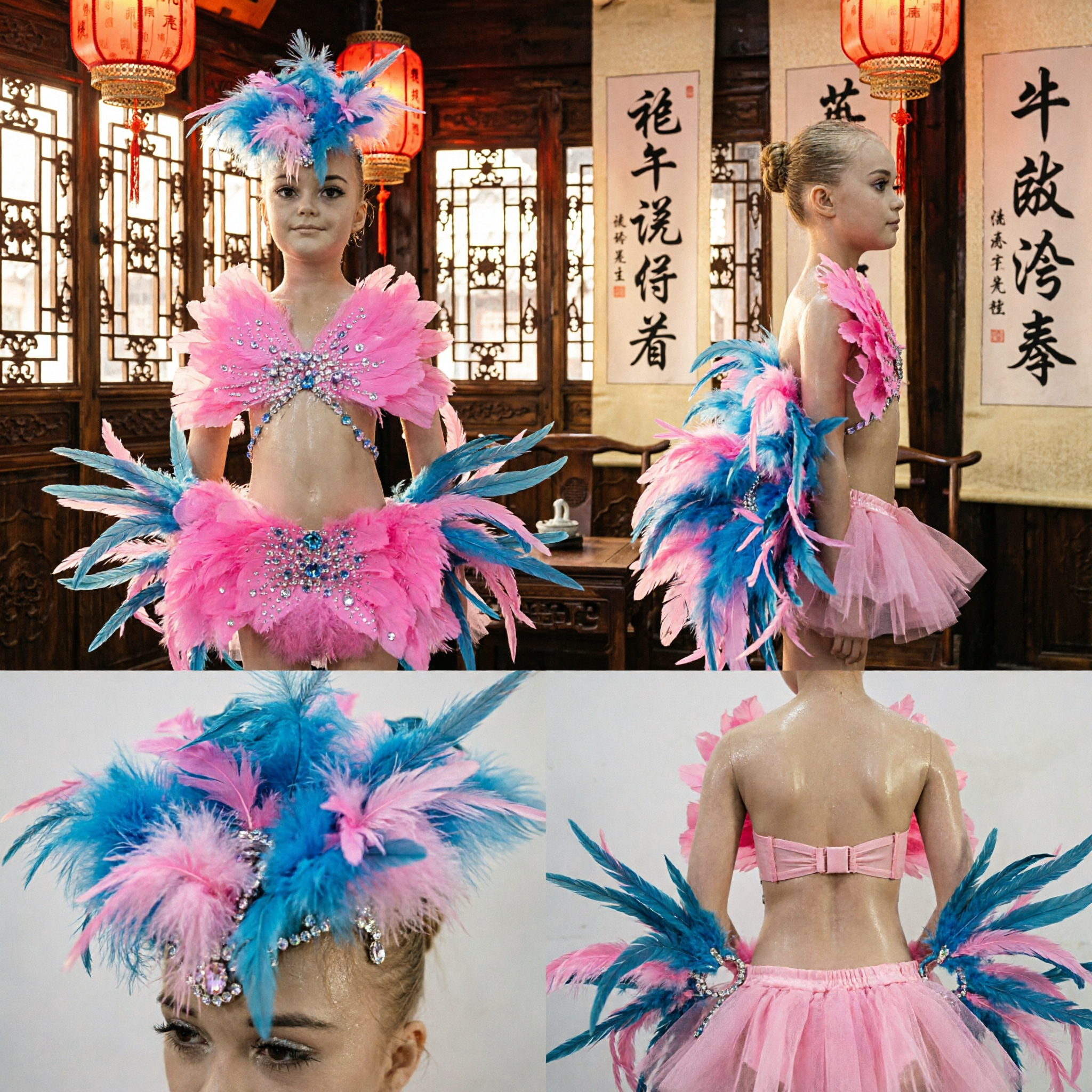 Traje de Baile Samba de Carnaval de Plumas Rosas y Azules para Niñas con Lentejillas para Performance en Escenario - Asian Costume