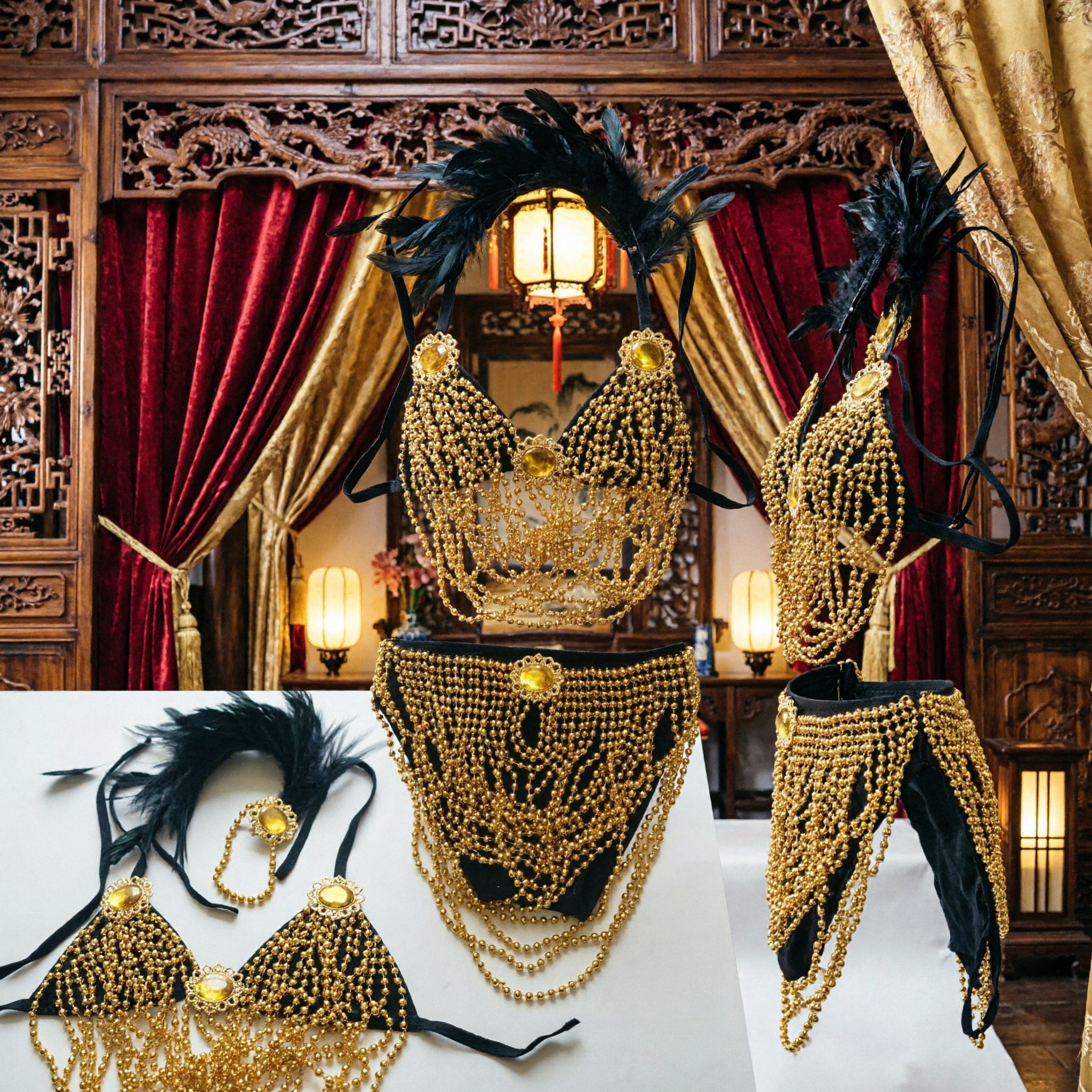 Women's Gold Beaded Belly Dance Costume Set with Black Fringe and Feather Headpiece for Samba Carnival Performance - Asian Costume