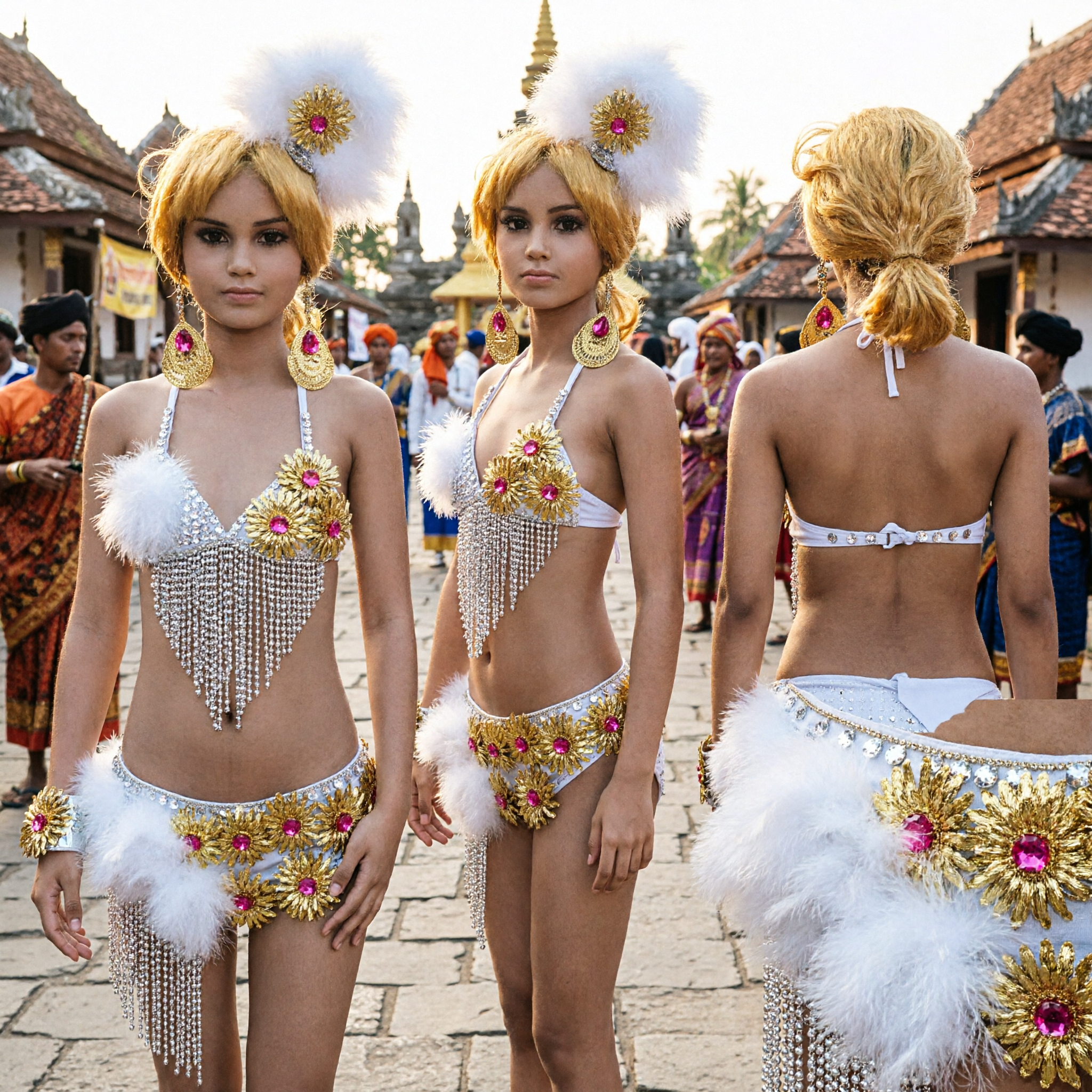 Costume Danza Samba Carnevale Oro e Bianco per Donne con Piume e Strass per Spettacolo da Showgirl - Asian Costume