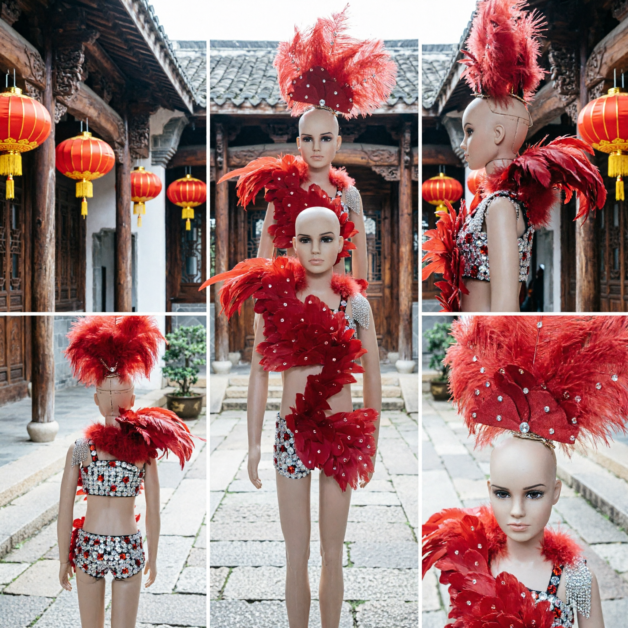 Ensemble costume de showgirl samba carnaval rouge pour femmes, avec haute couronne à plumes et tenue de performance à paillettes - Asian Costume