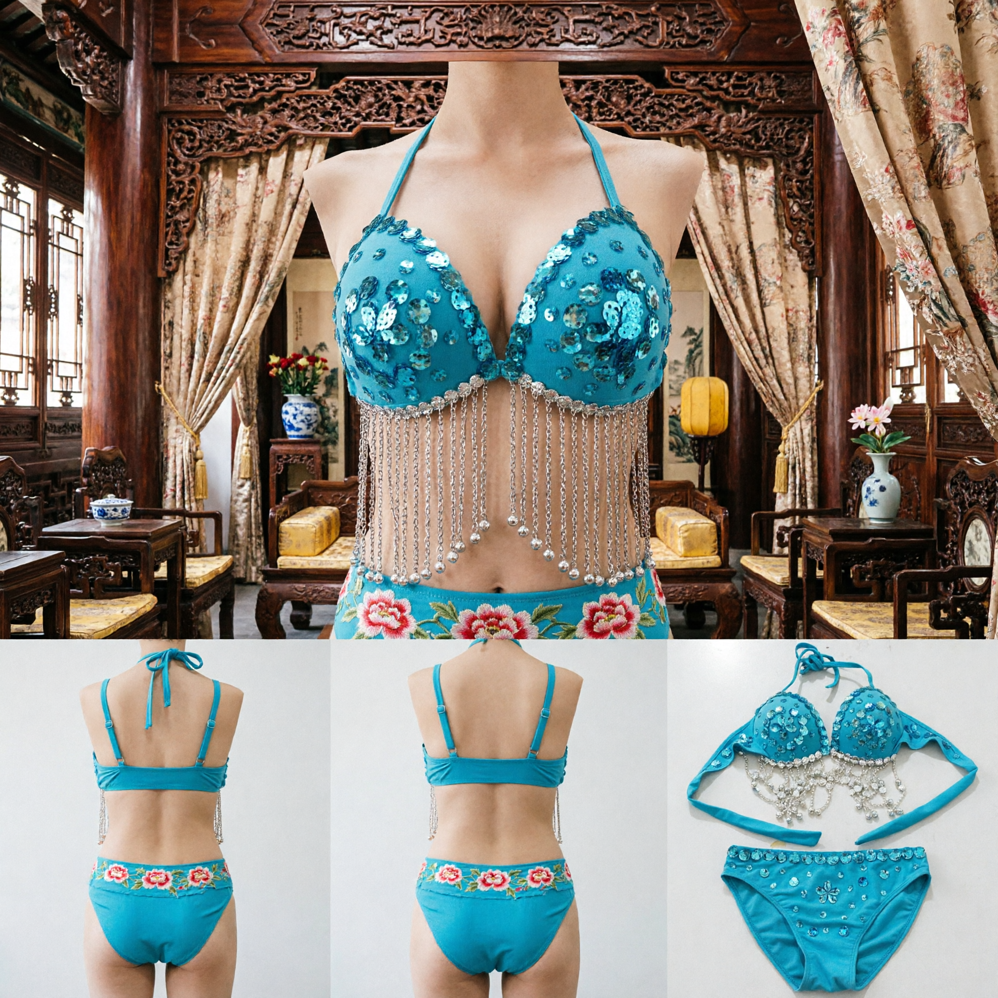 Set Bikini con Paillettes Blu e Catene Pendenti per Danza del Ventre e Costume da Bagno Spiaggia - Asian Costume