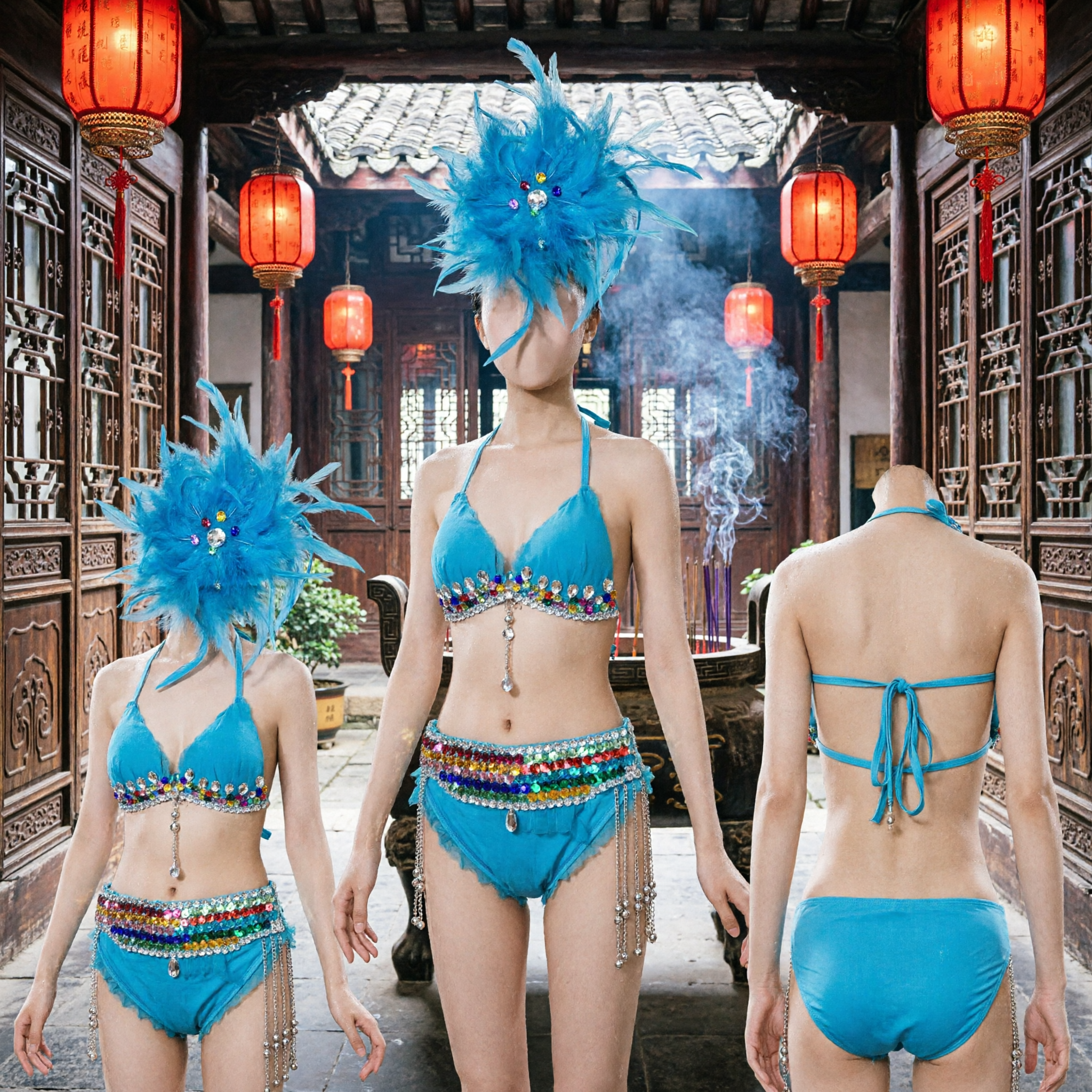Set Costume Ballerina Samba Carnevale con Piume Blu per Donne Bikini con Strass e Copricapo per Spettacolo da Scena - Asian Costume