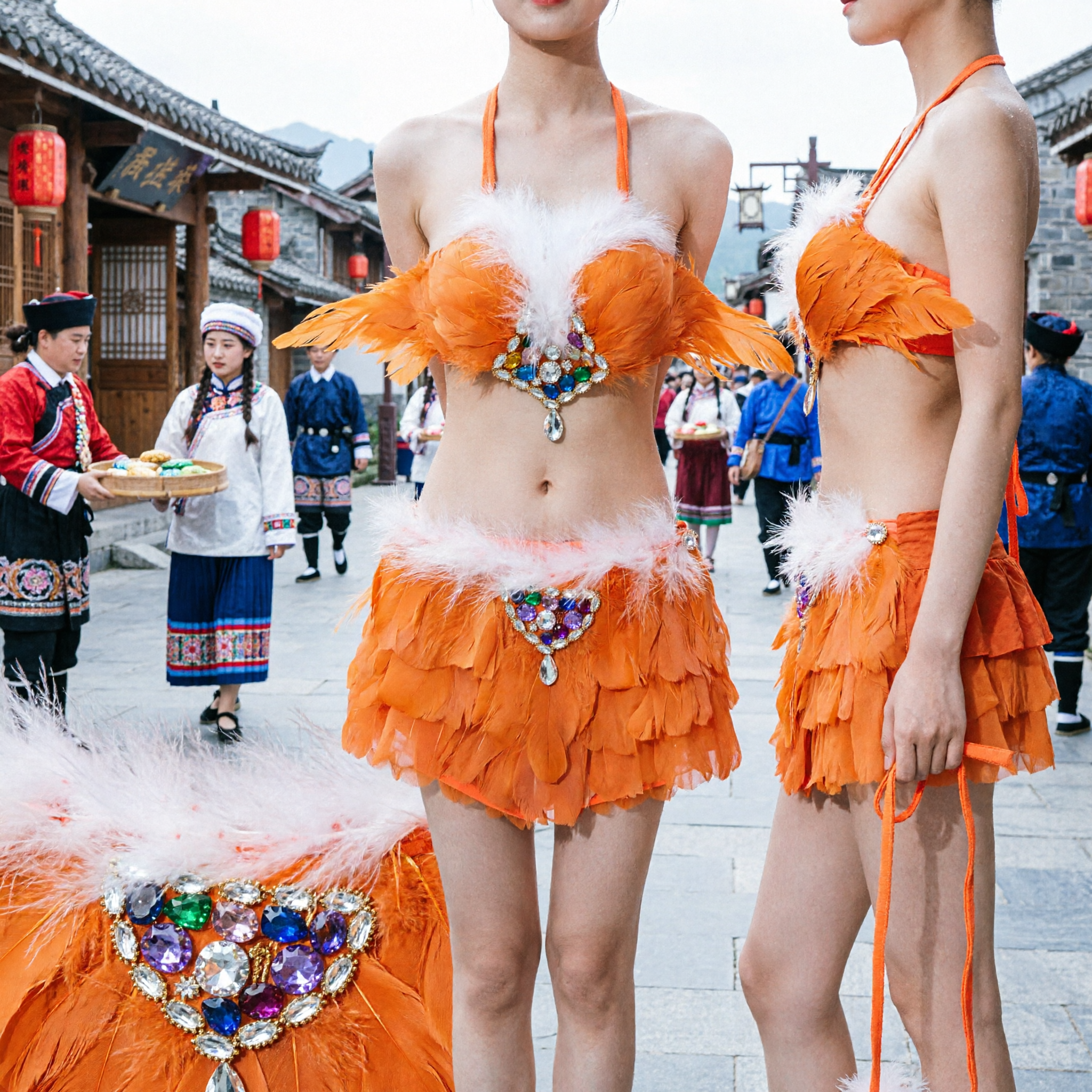 Set Costume Samba Carnevale con Piume Arancioni Vibranti e Strass per Spettacolo e Danza da Scena Femminile - Asian Costume
