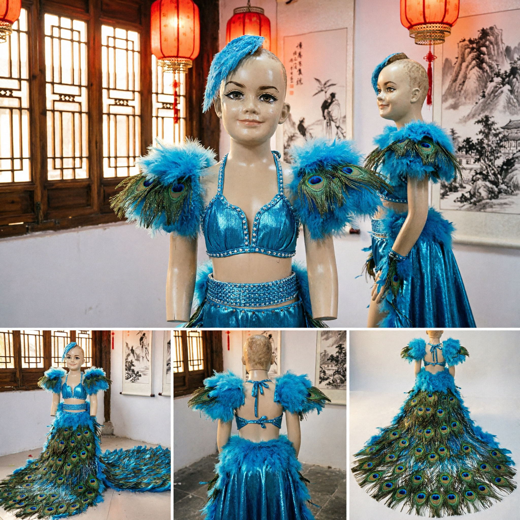 Traje de Baile de Plumas de Pavo Real Azul para Niñas, Atuendo Tradicional para Performance en Escenario con Larga Cola - Asian Costume