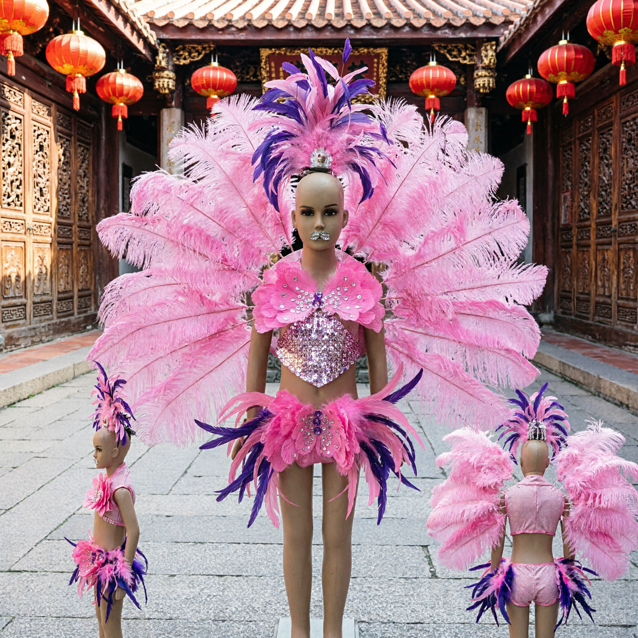 Conjunto de Traje de Samba para Carnaval Rosa para Niños con Alas de Plumas, Tocado y Bikini para Performance de Baile en Escenario - Asian Costume