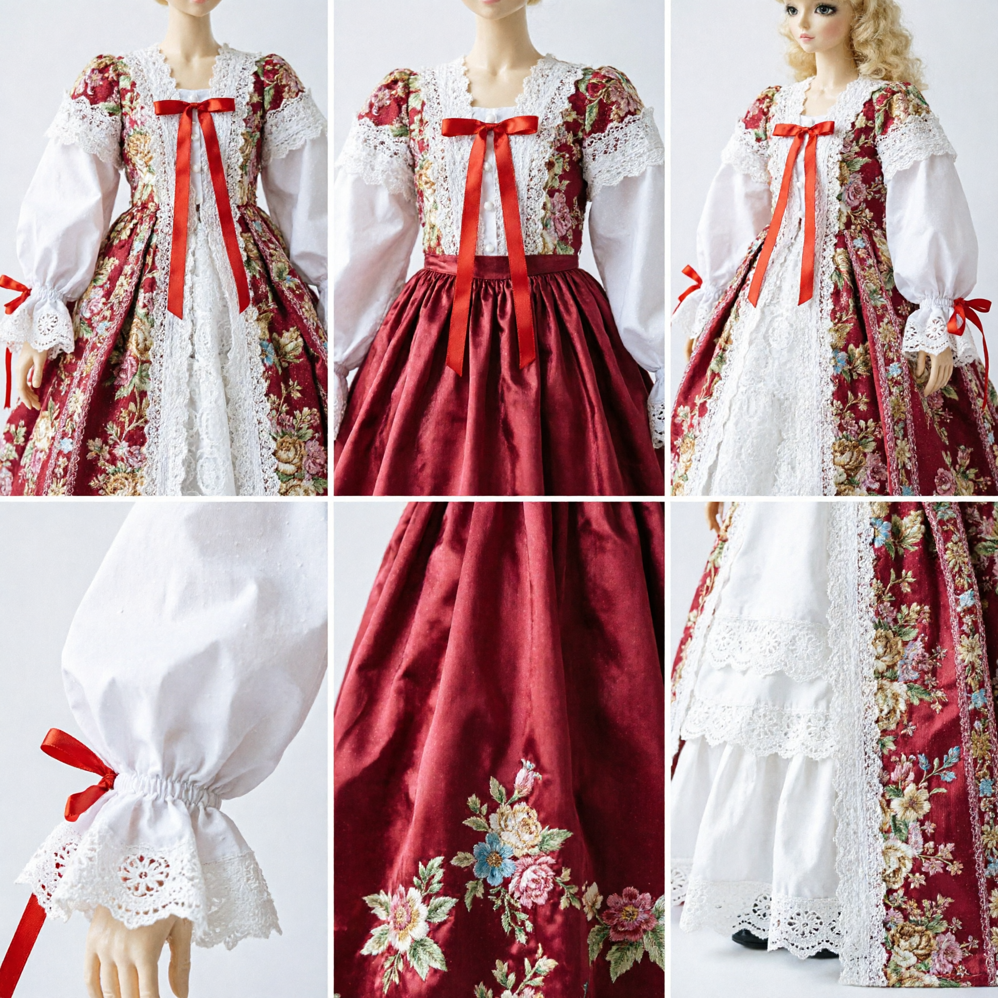 Robe de style baroque rouge élégante pour poupée BJD, avec impression florale dorée et dentelle blanche pour collectionneurs - Asian Costume