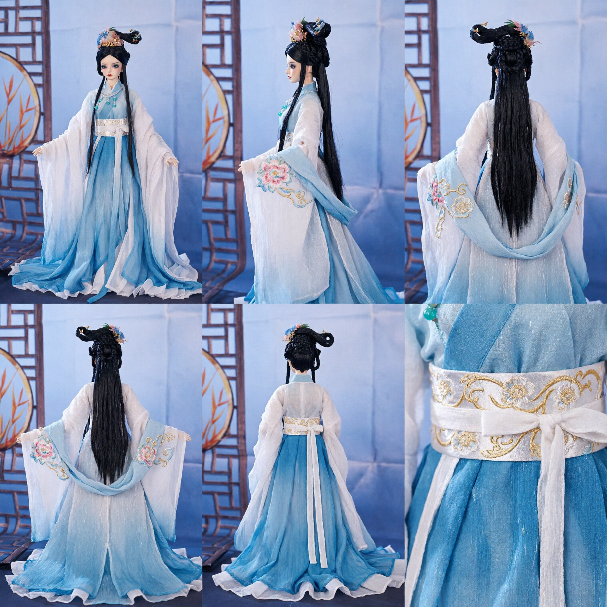 Wyszukany Starożytny Chiński Niebiesko-Biały Kostium Hanfu dla Lalek BJD Tradycyjny Zestaw Sukni Księżniczki Wróżki - Asian Costume