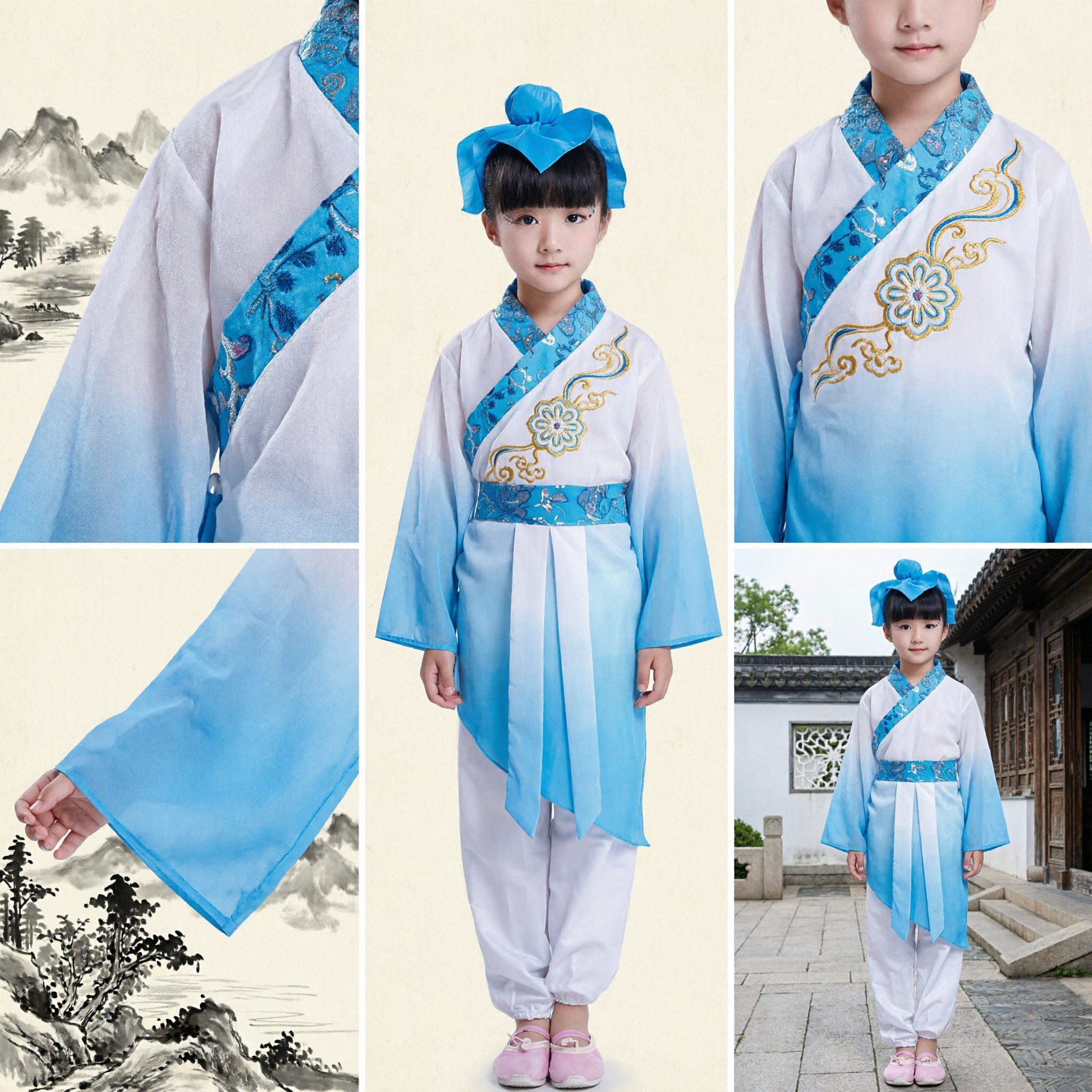 Traje de Estudioso Chinês Antigo para Crianças, Hanfu Tradicional Azul e Branco, Conjunto de Roupa para Performance e Cosplay de Meninas - Asian Costume