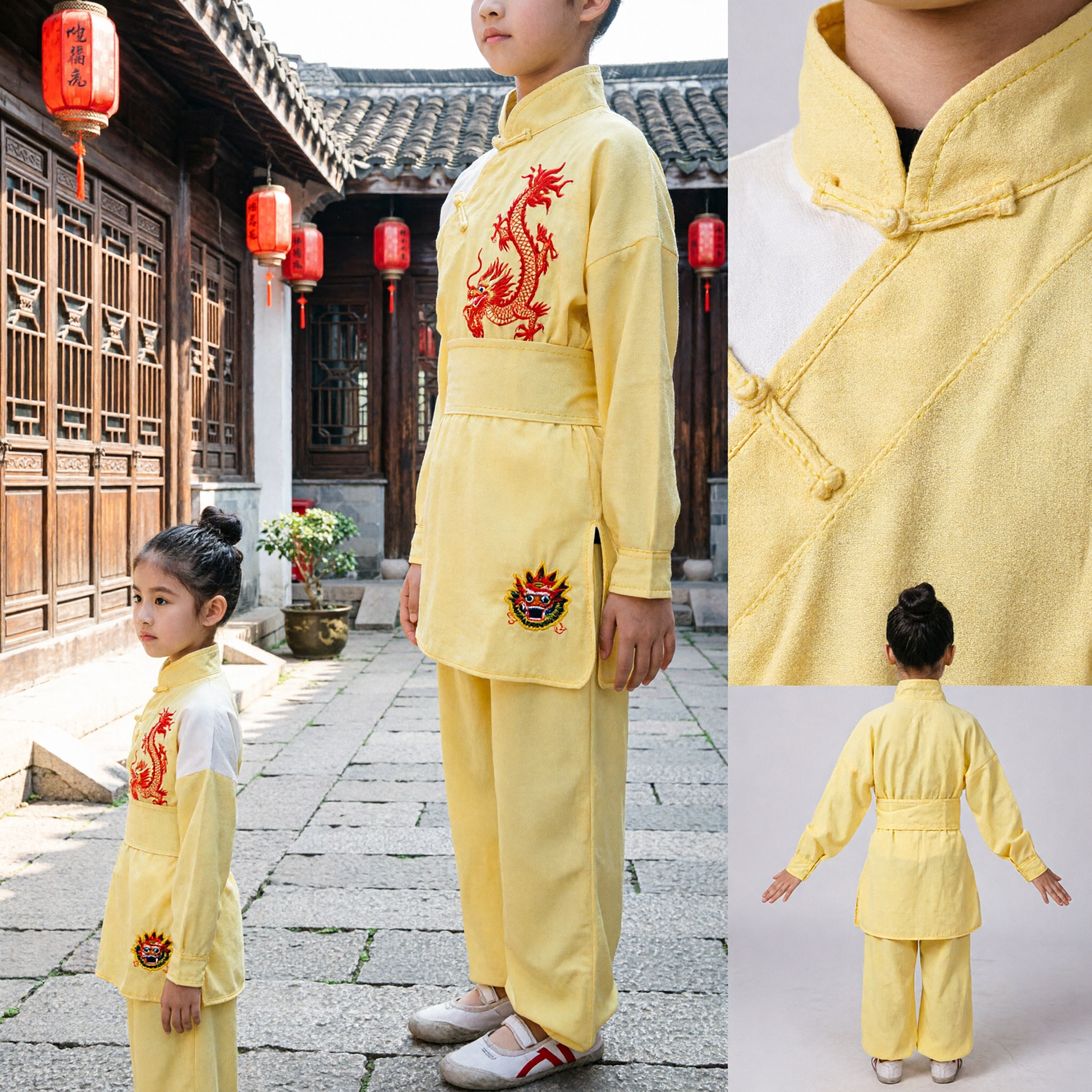 Uniforme de Kung Fu pour Enfant à Broderie de Dragon Jaune - Costume Traditionnel d'Arts Martiaux Chinois Tai Chi pour Filles - Asian Costume
