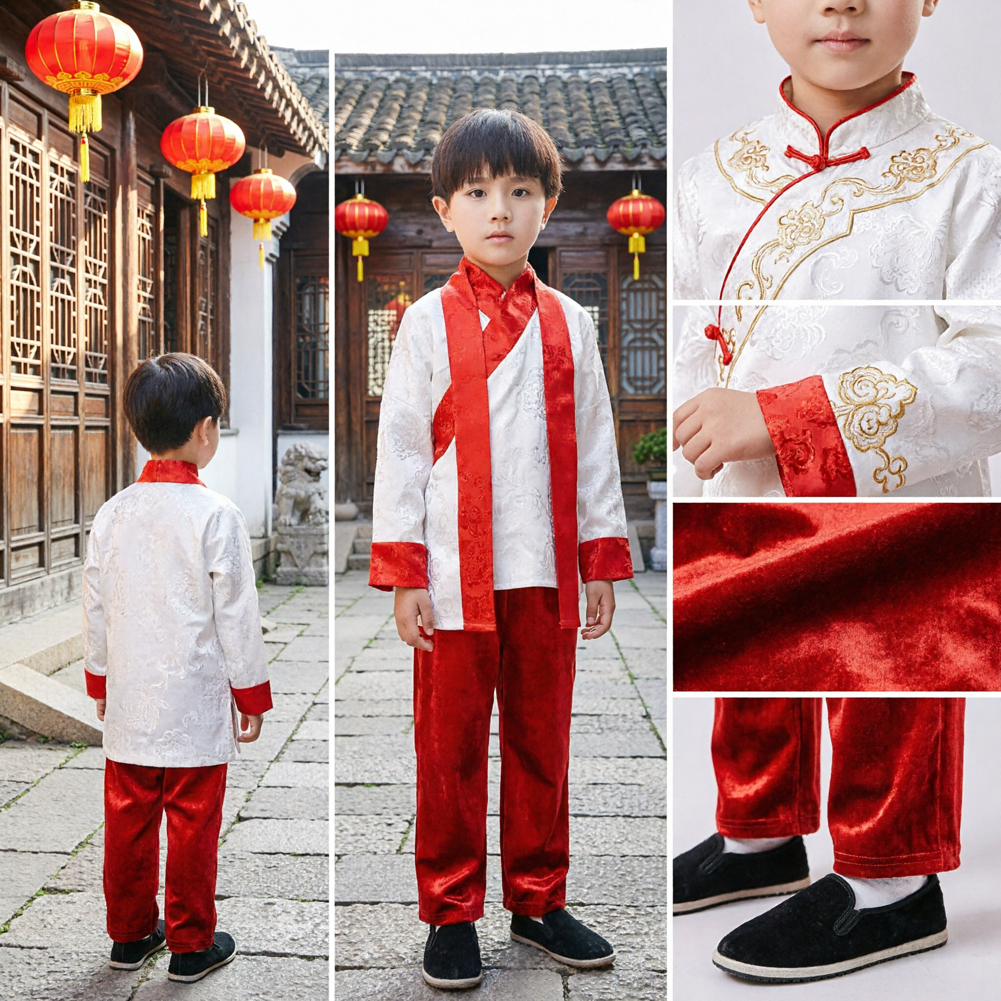 Traje de Kung Fu Tradicional Chino para Niño, Traje Tang Rojo y Blanco, Atuendo para Presentación de Danza Folclórica Infantil - Asian Costume