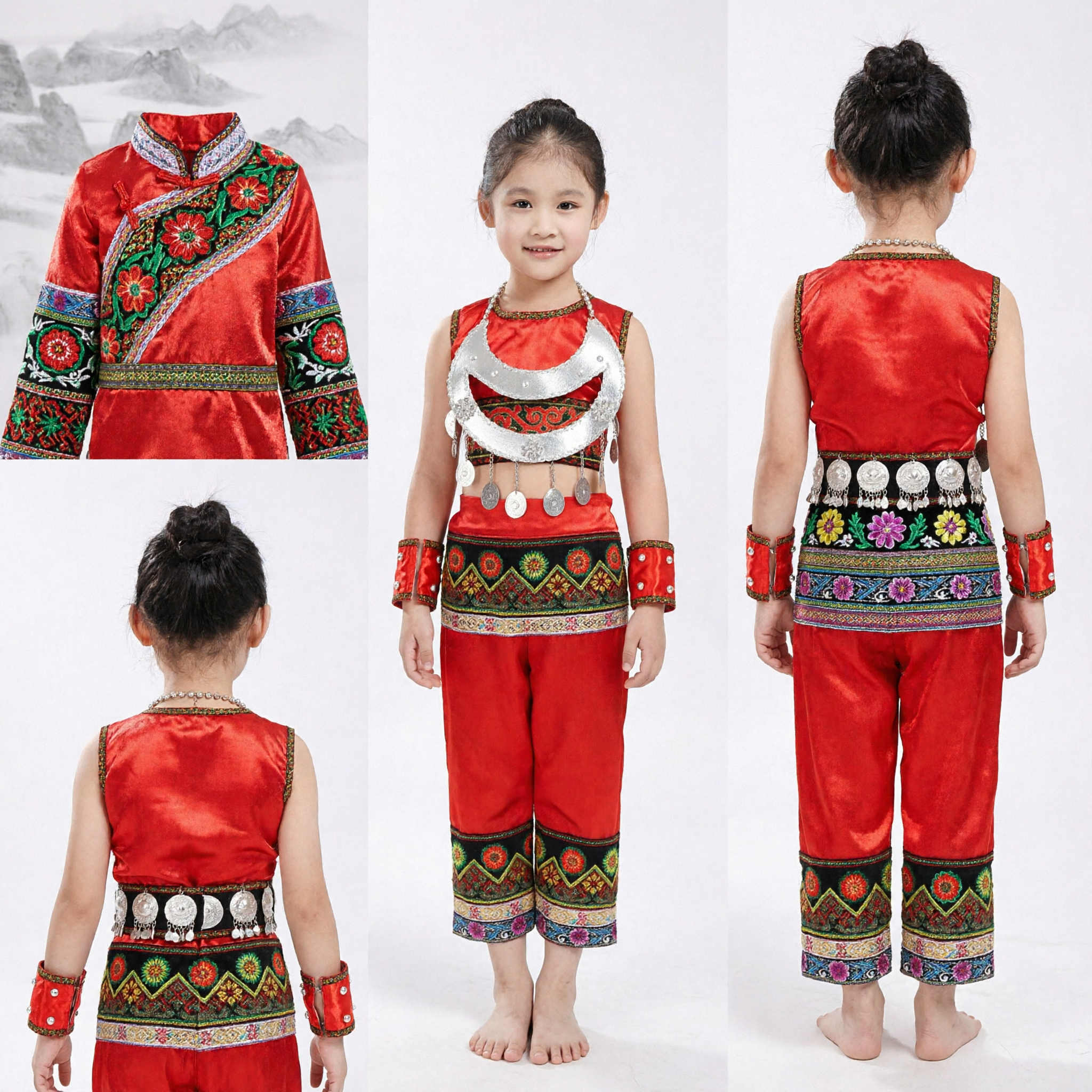 Costume per Danza dell'Etnia Miao Cinese per Bambine, Abito Tradizionale Rosso per Spettacoli con Accessori in Argento - Asian Costume