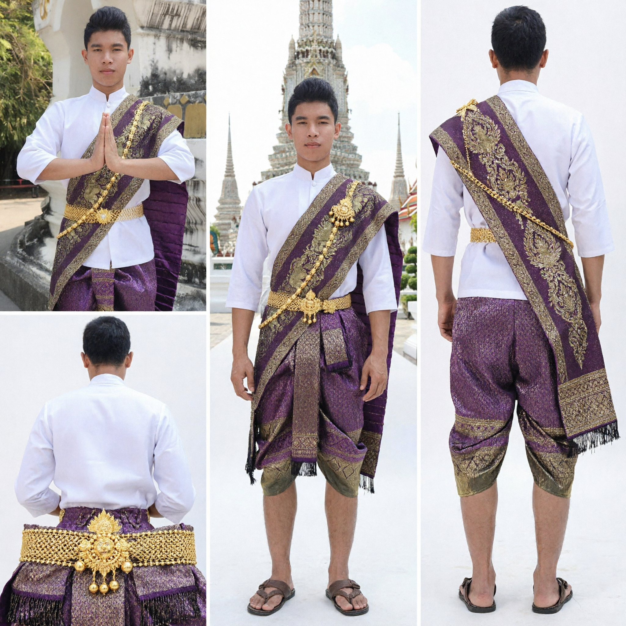 Herren Traditionelles Thailändisches Nationalkostüm Lila Gold Gemusterter Sampot und Sabai Schal Set für Kulturtanz Hochzeit - Asian Costume