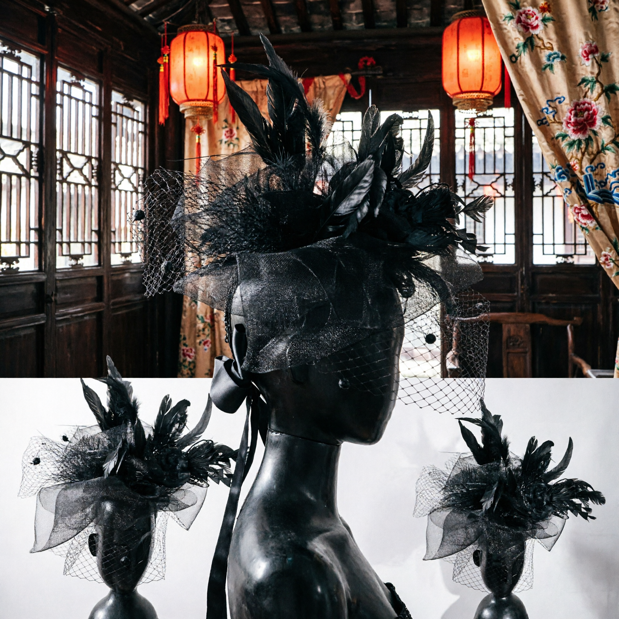 Elegante Zwarte Veren Fascinator met Vogelkooi Sluier voor Vrouwen Formeel Bruiloftsfeest Racedag Hoed - Asian Costume