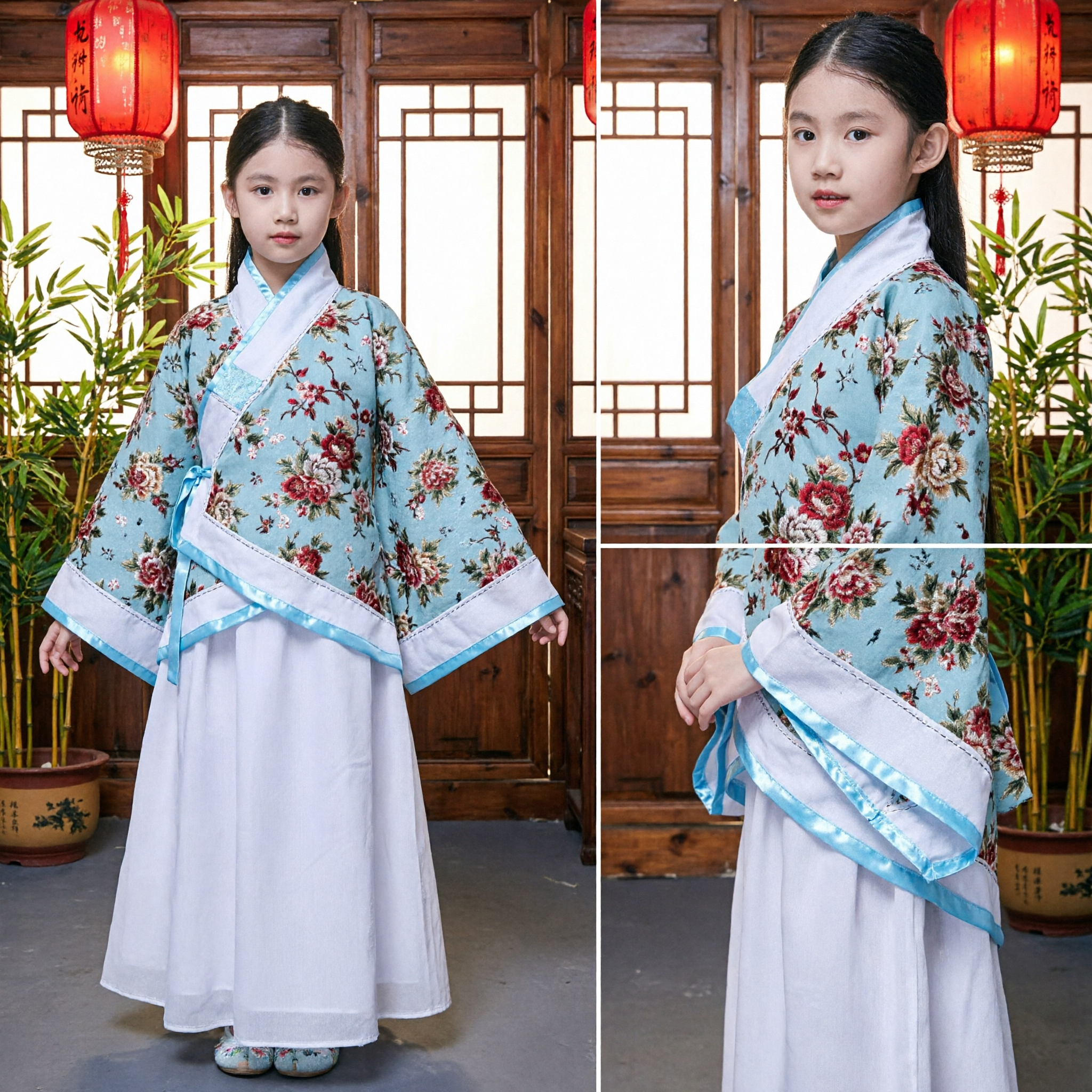Traditionelles chinesisches klassisches Tanzkostüm für Mädchen mit floraler Stickerei, blaue Jacke, weißer Rock, Volkstanzaufführung - Asian Costume