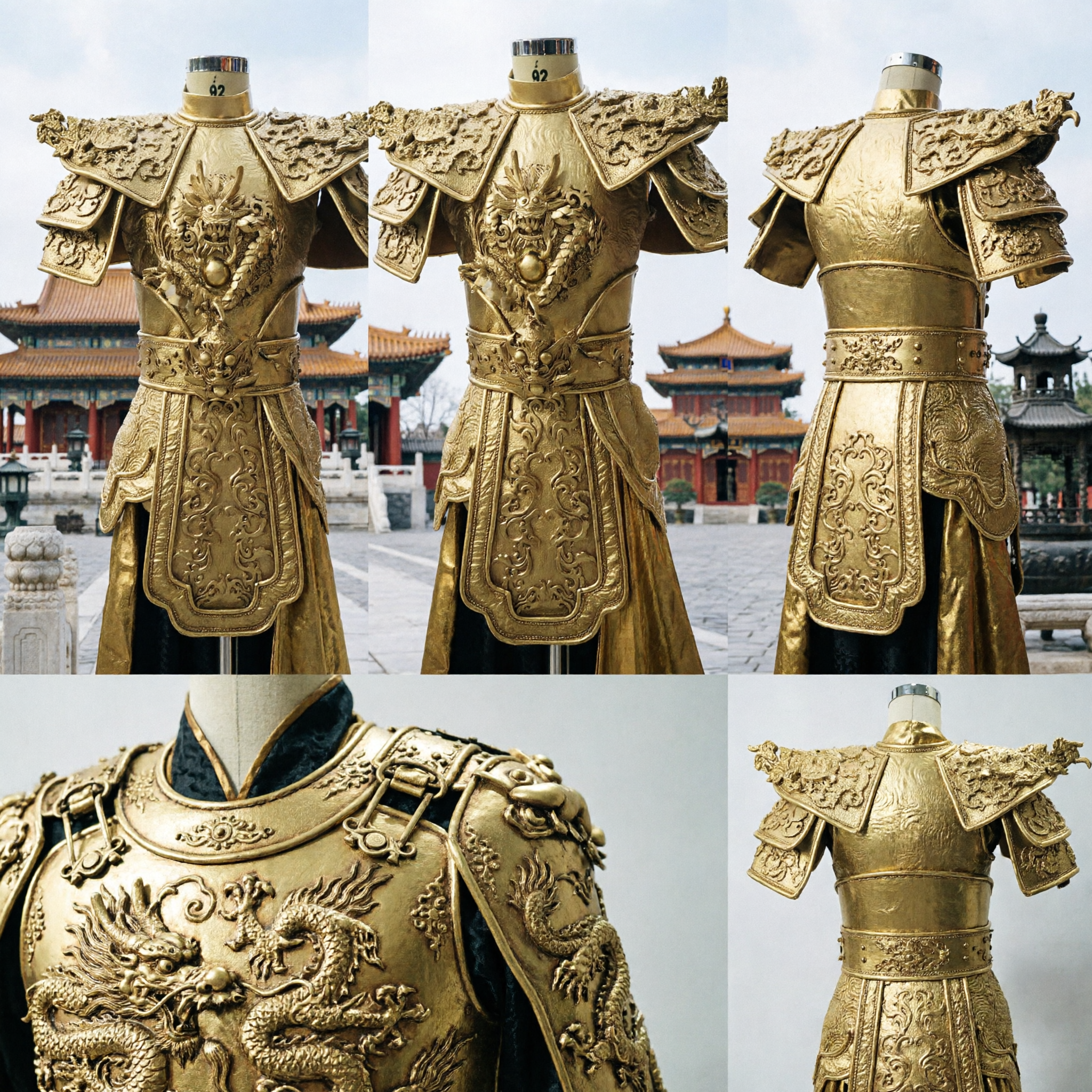 伝統中国金龍将軍鎧甲衣装 男性用古代戦士コスプレ衣装 舞台演舞用 - Asian Costume