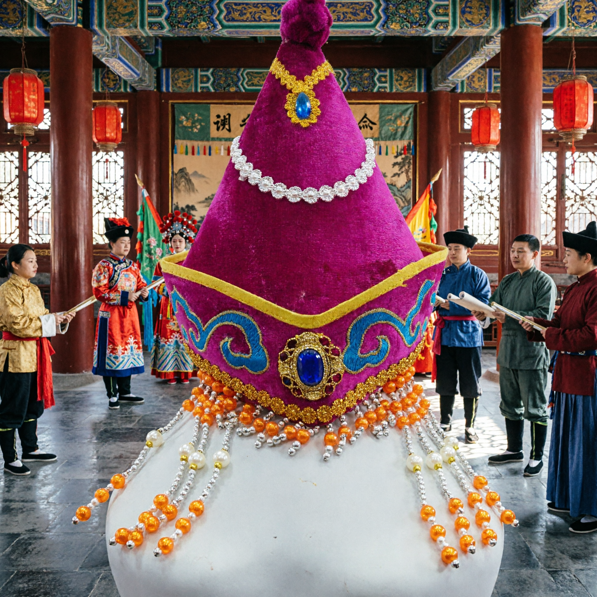 Coroa de Princesa Mongol Tradicional - Chapéu de Veludo Roxo com Pérolas e Contas para Performance de Dança Folclórica - Asian Costume