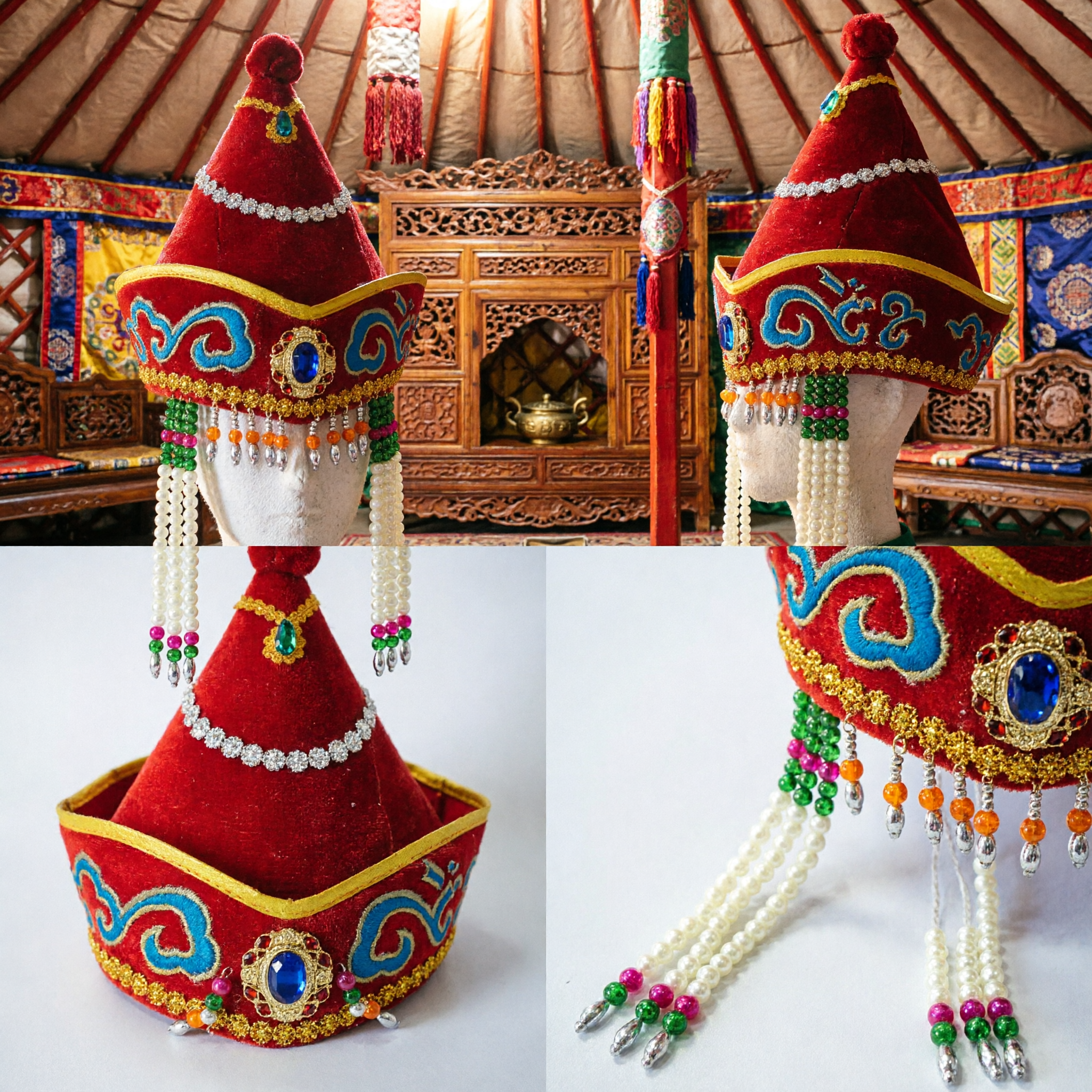 Chapéu de Princesa de Veludo Vermelho Mongol Tradicional Chinês com Borlas de Pérola e Strass para Performance de Dança - Asian Costume