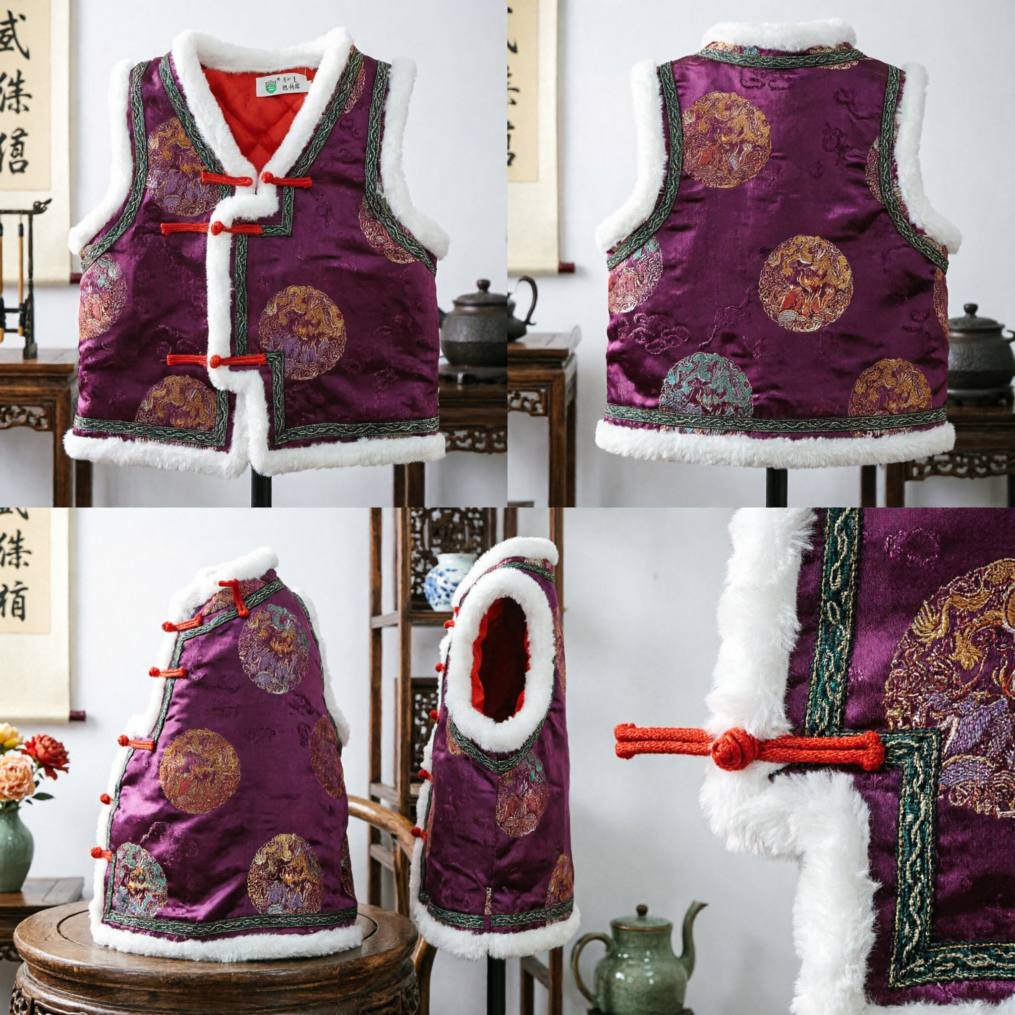 Kinderen Traditioneel Chinese Tang Pak Vest Winter Warm Brokaat Draak Borduurwerk Kunstbont Gilet voor Chinees Nieuwjaar - Asian Costume