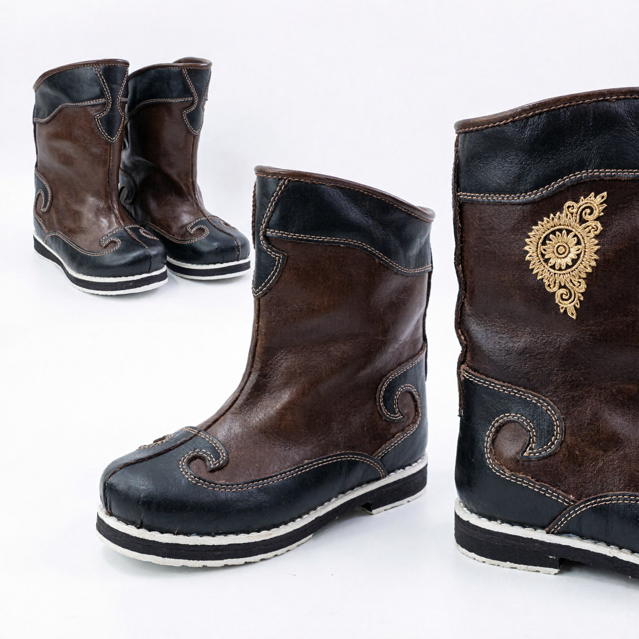 Traditional Chinese Mongolian Boots Men's Brown Leather Ethnic Costume Shoes for Stage Performance and Cosplay - Asian Costume