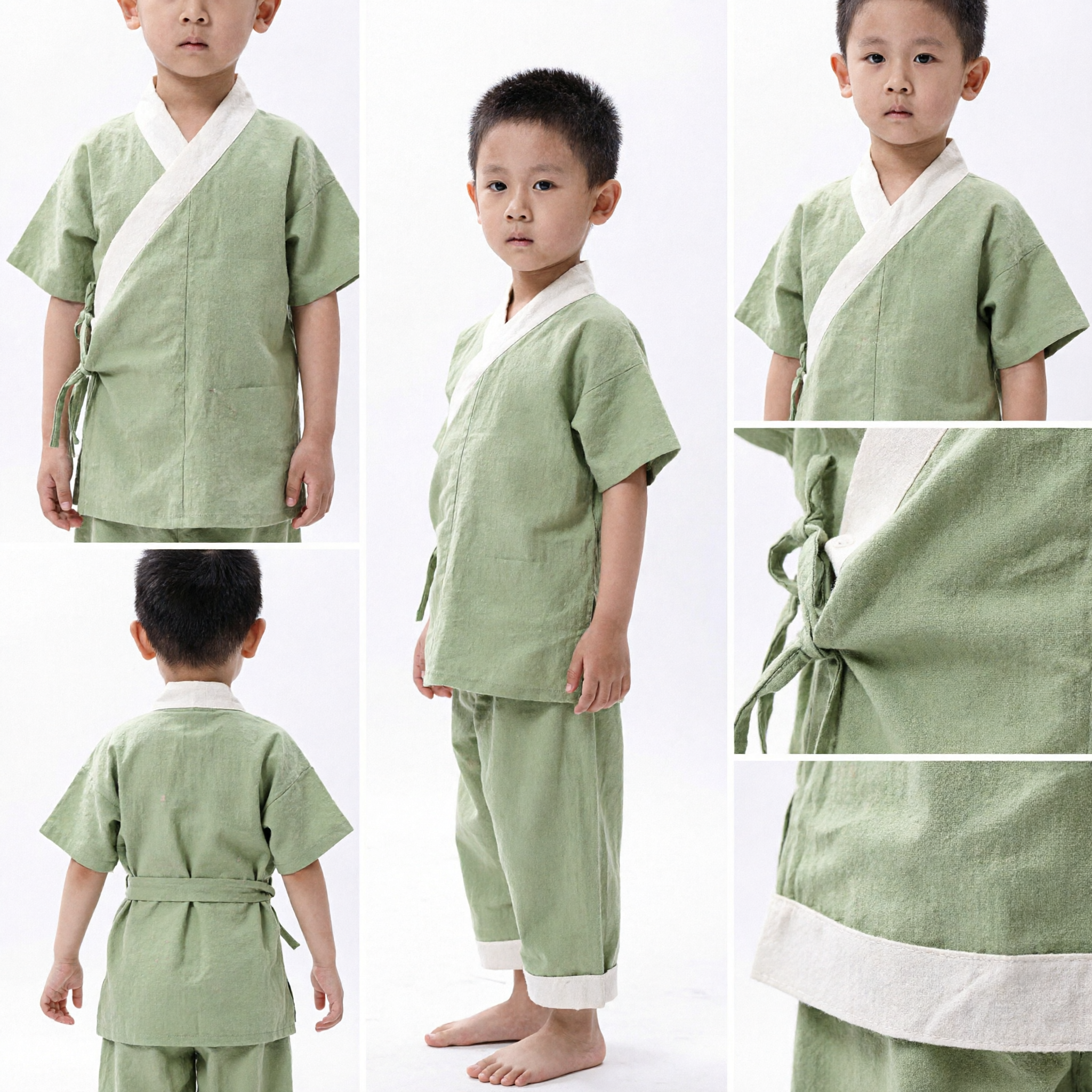 Jungen traditionelles chinesisches Hanfu Kung Fu Anzug grünes Leinen Baumwolle Kampfkunstkostüm Kinder Sommeroutfit - Asian Costume