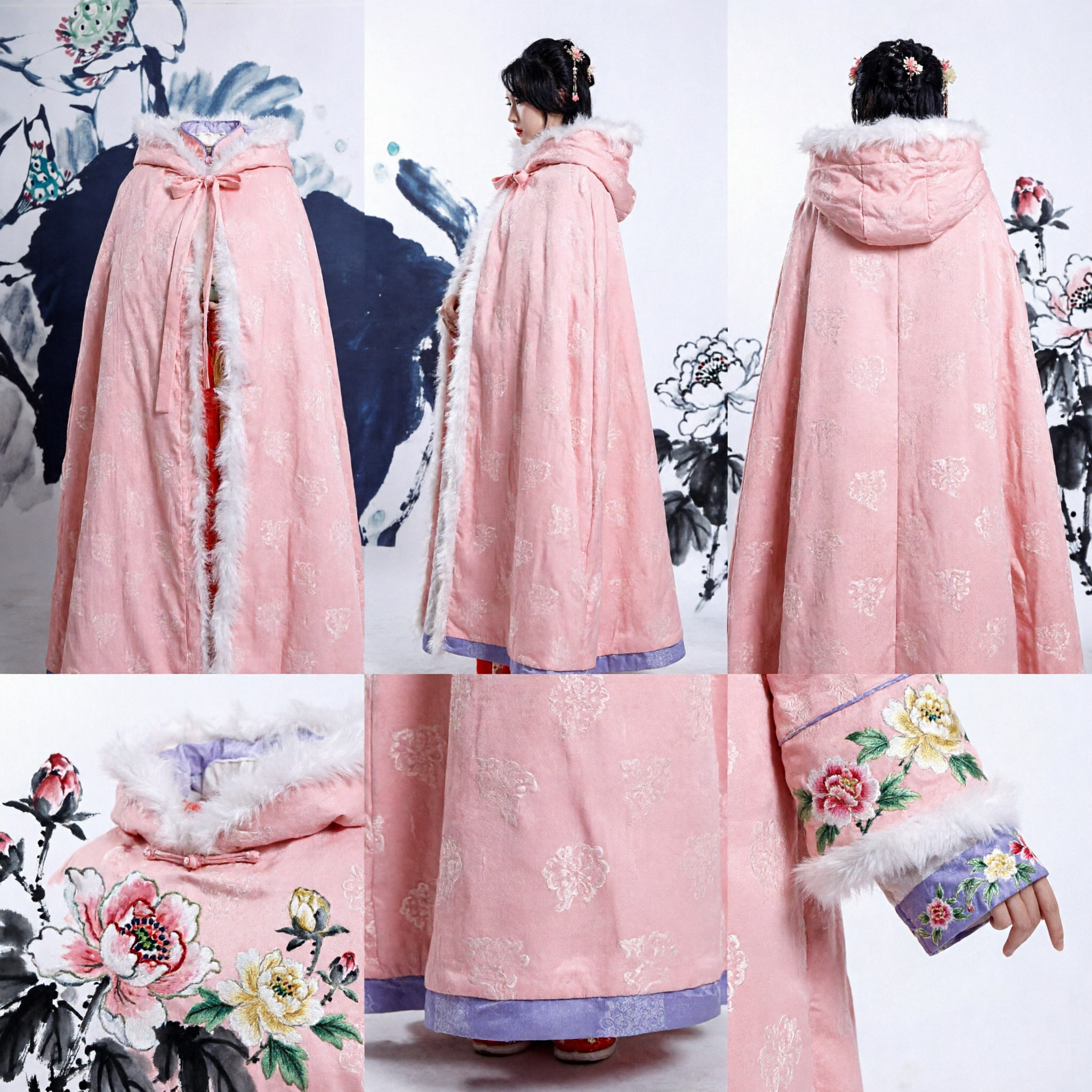 Rosa traditionelles chinesisches Hanfu Winterumhang Kapuze mit weißem Pelzbesatz antikes Kostüm für Frauen - Asian Costume