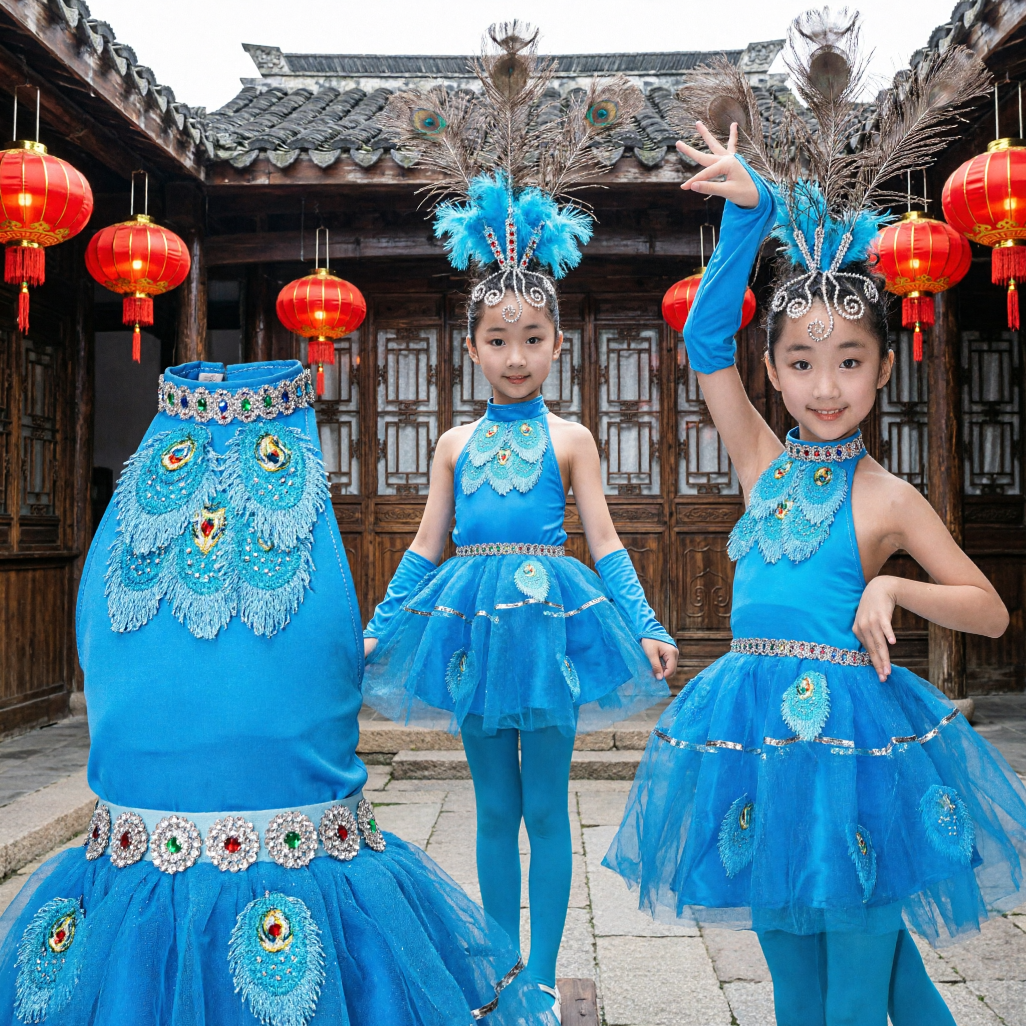 Traje de Danza del Pavo Real Azul para Niñas Vestido para Actuación Escénica Atuendo Tradicional Étnico de la Minoría Dai - Asian Costume
