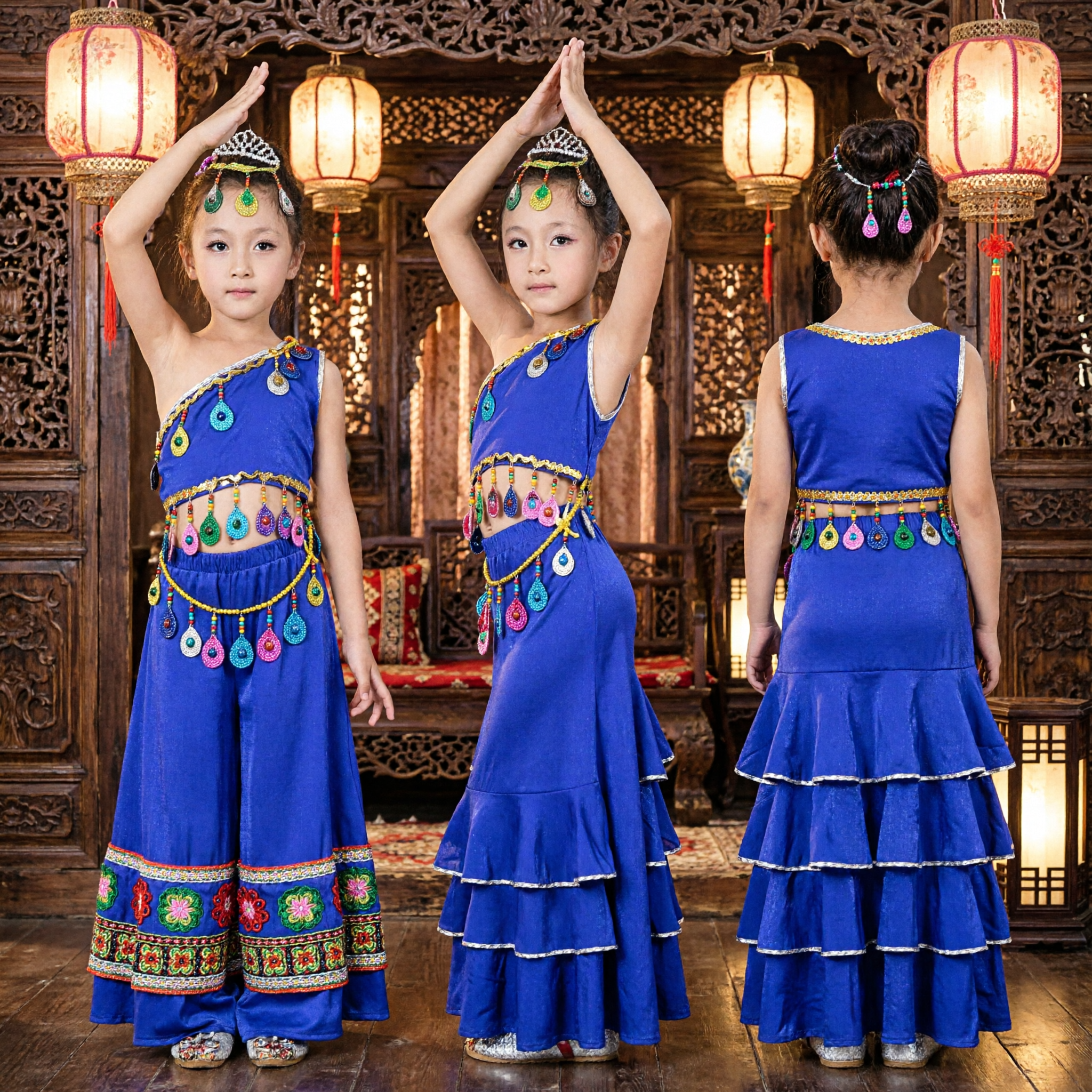 Traje de Danza de la Minoría Étnica Dai China Azul para Niñas Vestido para Actuación Escénica del Pavo Real - Asian Costume