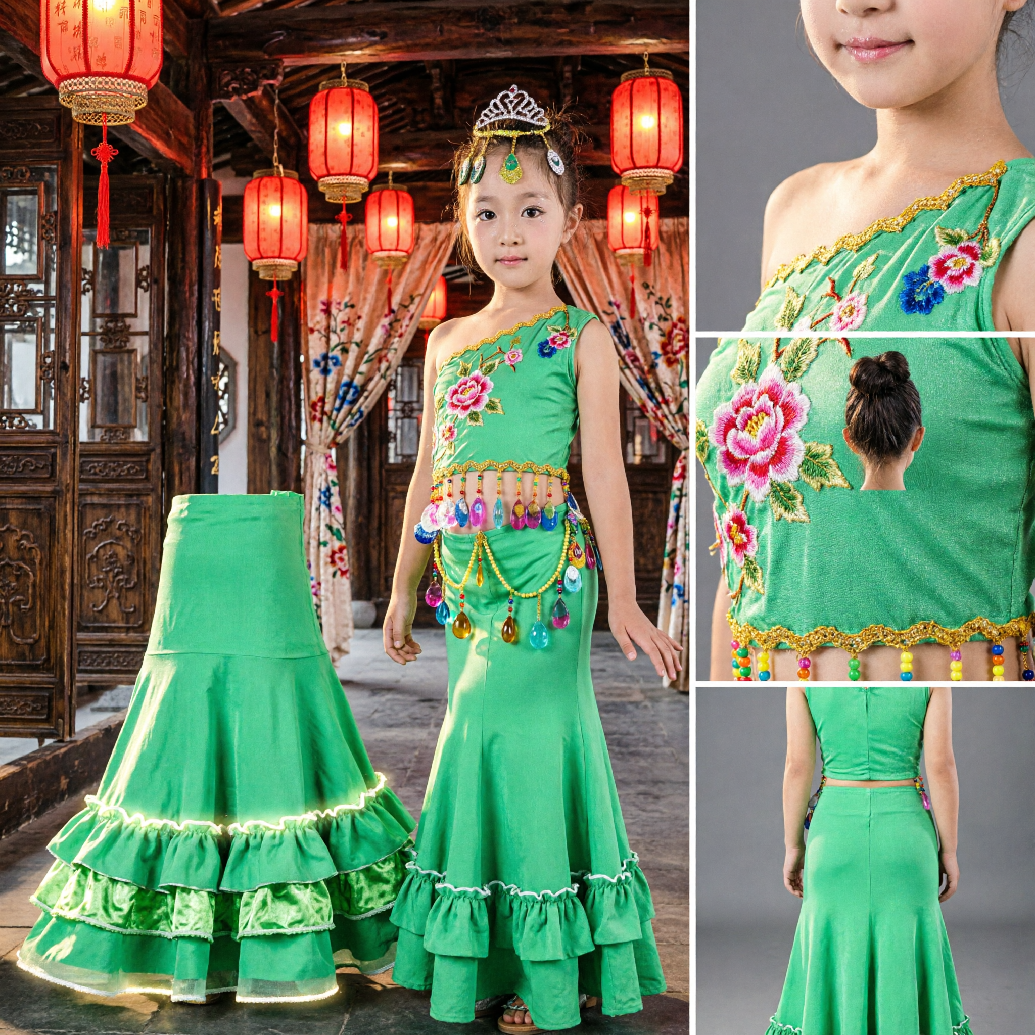 Grünes Dai-ethnisches Pfauentanzkostüm für Mädchen Traditionelles chinesisches Volkskleid Kinder Bühnenaufführungstracht - Asian Costume