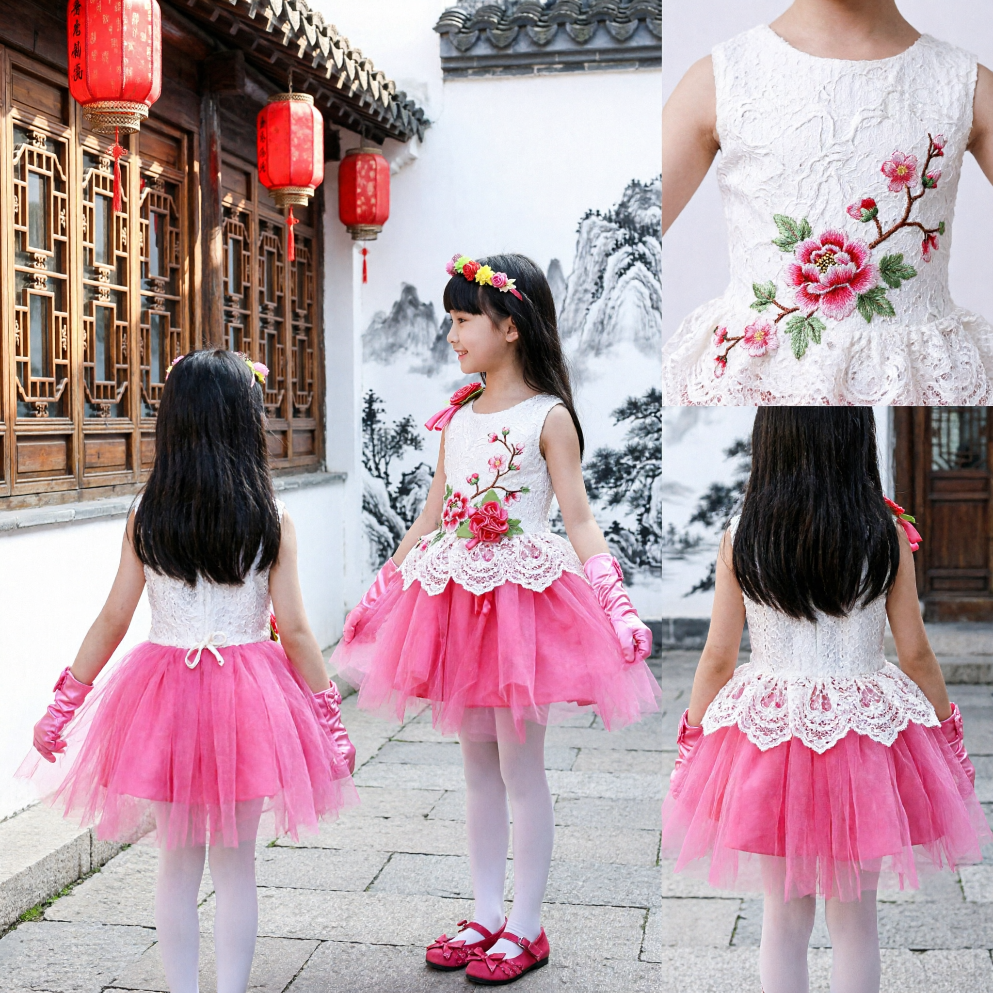 Robe tutu tulle rose pour filles avec haut à paillettes blanches et accents de roses, pour spectacle scénique et récital de danse - Asian Costume