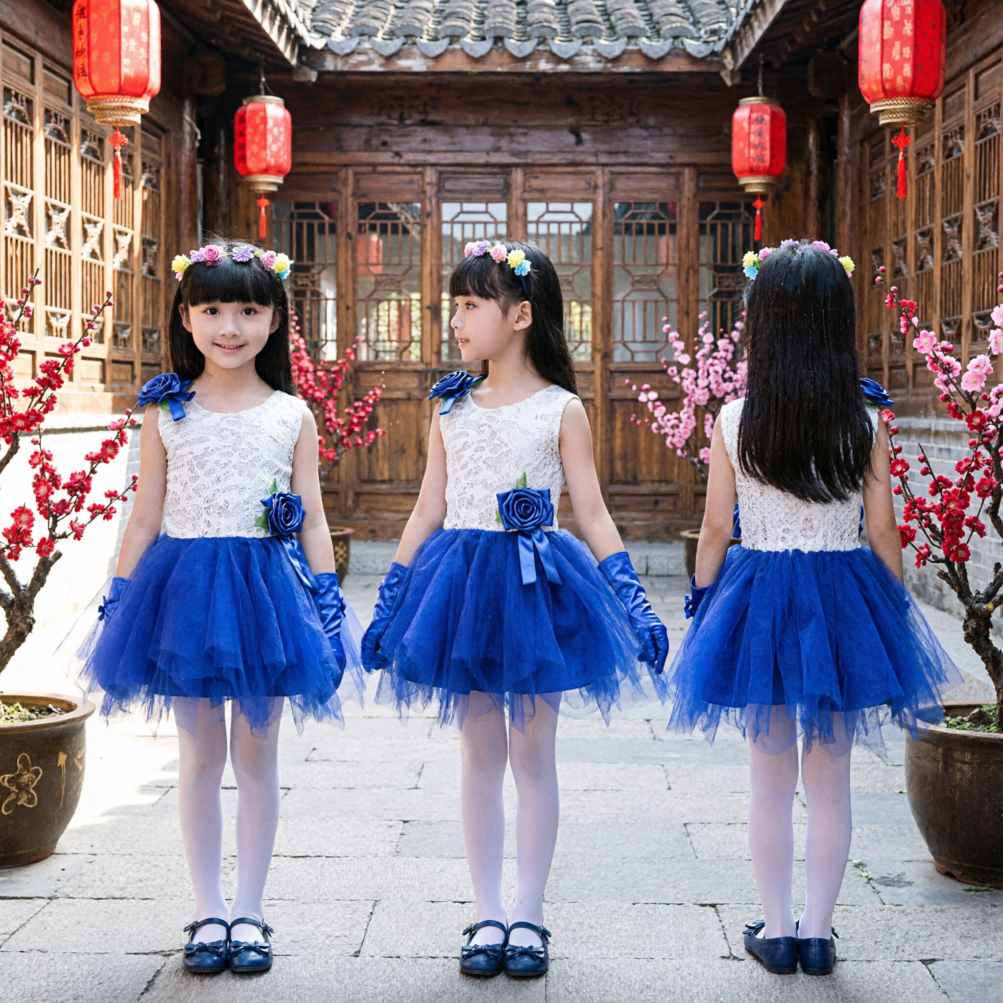 Meisjes Blauw en Wit Kant Tutu Jurken Bloemenmeisje Feest Pagina Optreden Kostuum met Handschoenen - Asian Costume