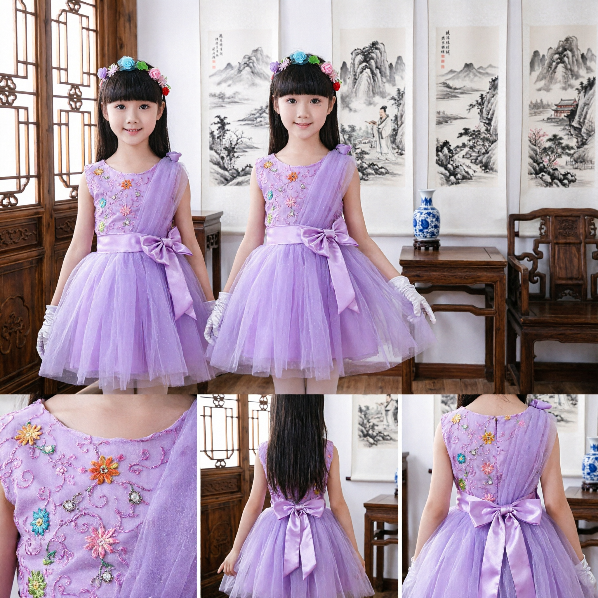Lila Tüll-Ballett-Tanzkleid für Mädchen Blumenstickerei Aufführungskostüm Kinder Partybekleidung - Asian Costume