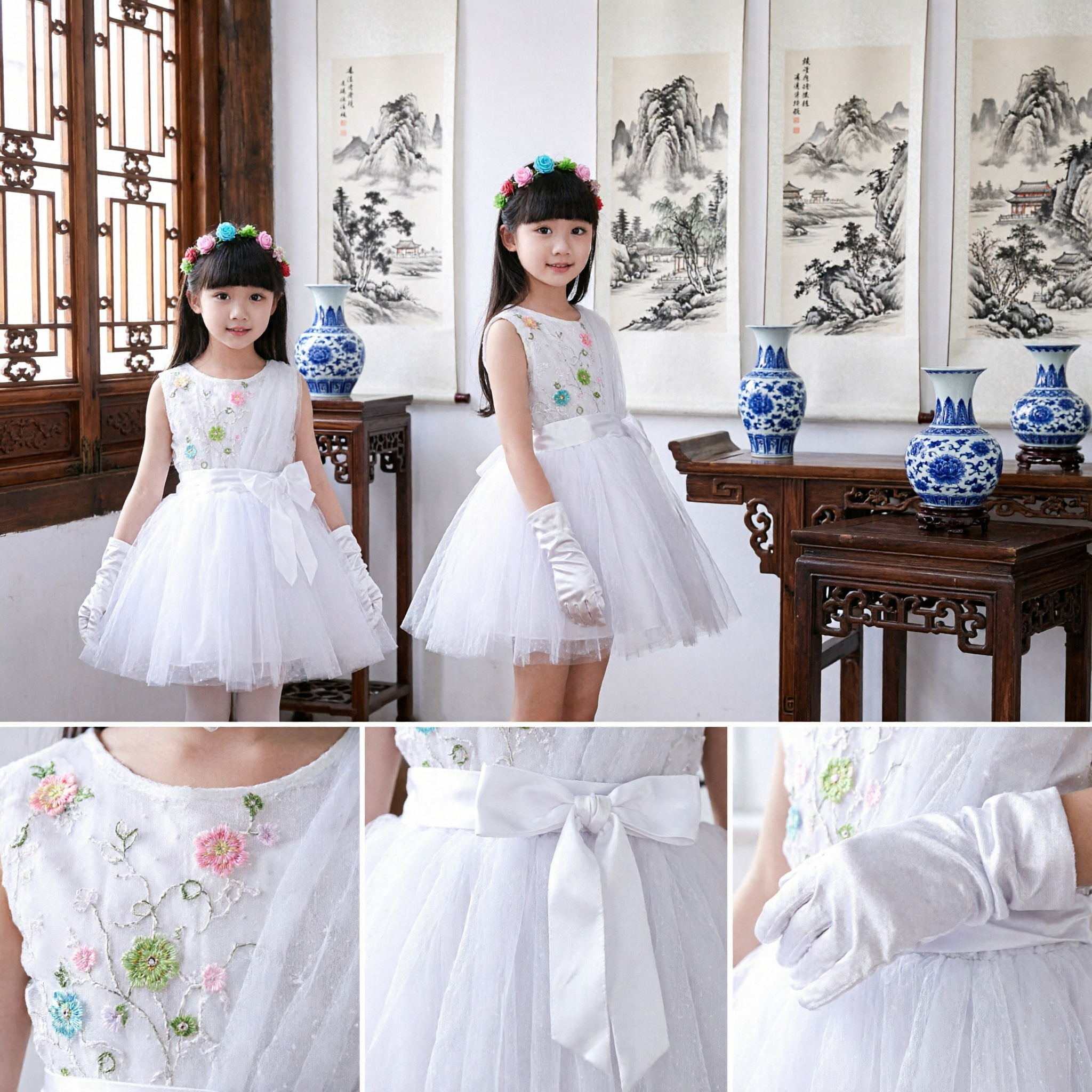 Girls White Floral Princess Dance Costume with Tulle Skirt and Gloves for Stage Performance Wedding - Asian Costume