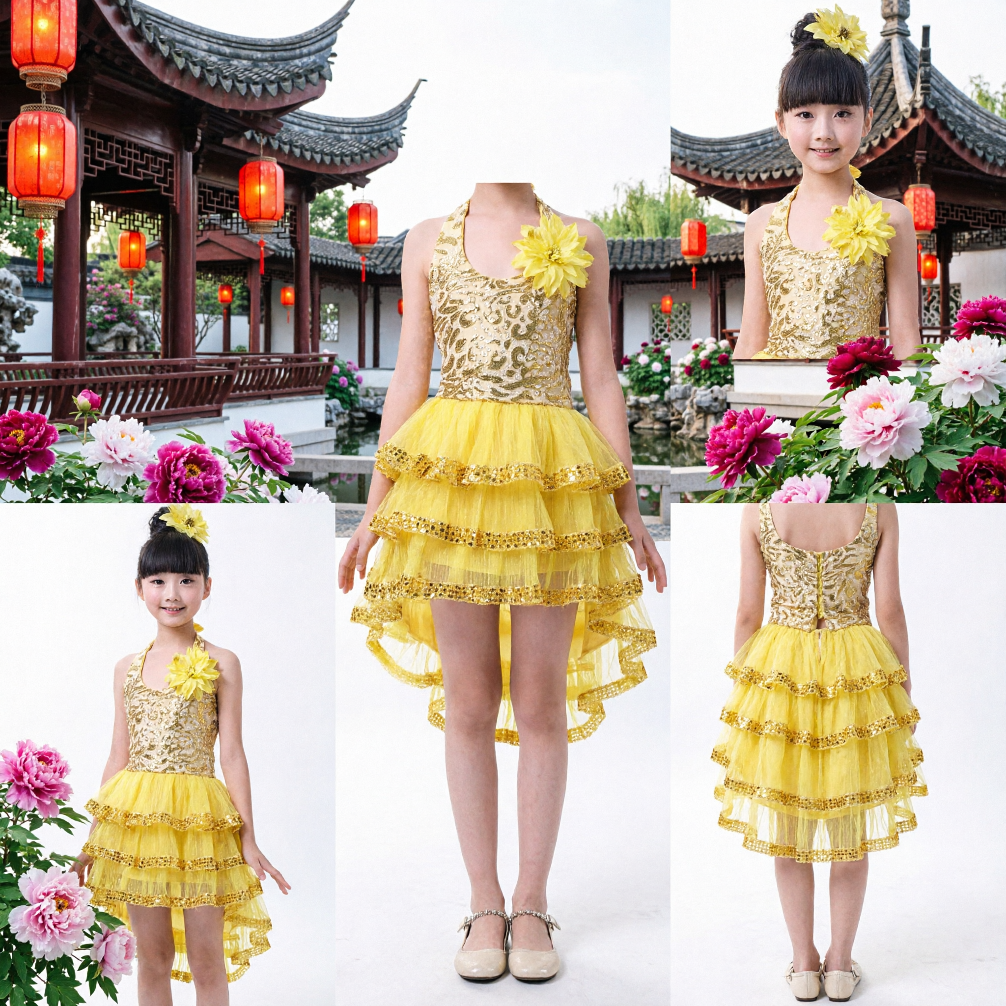 Kinderen Meisjes Geel Latin Dansjurk Sequin Ruffle Ballroomkostuum voor Podiumoptreden Wedstrijd - Asian Costume