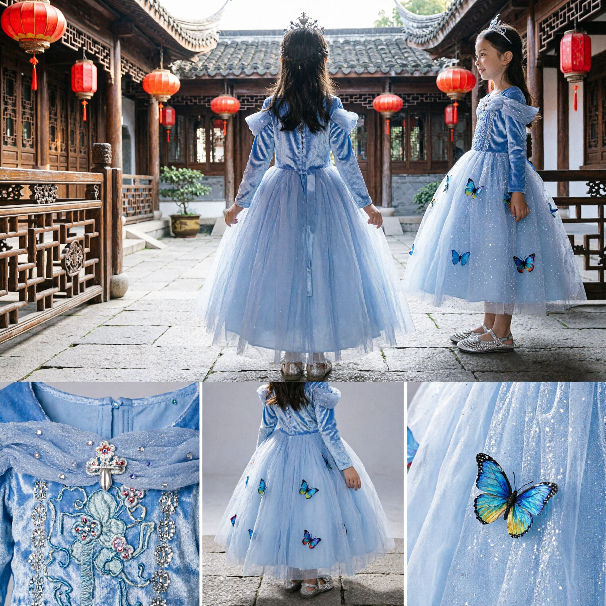 Elegantes blaues Prinzessinnenkleid für Mädchen Cinderella-Stil Ballkleid mit Schmetterlingen für Geburtstagsparty Halloween Cosplay - Asian Costume