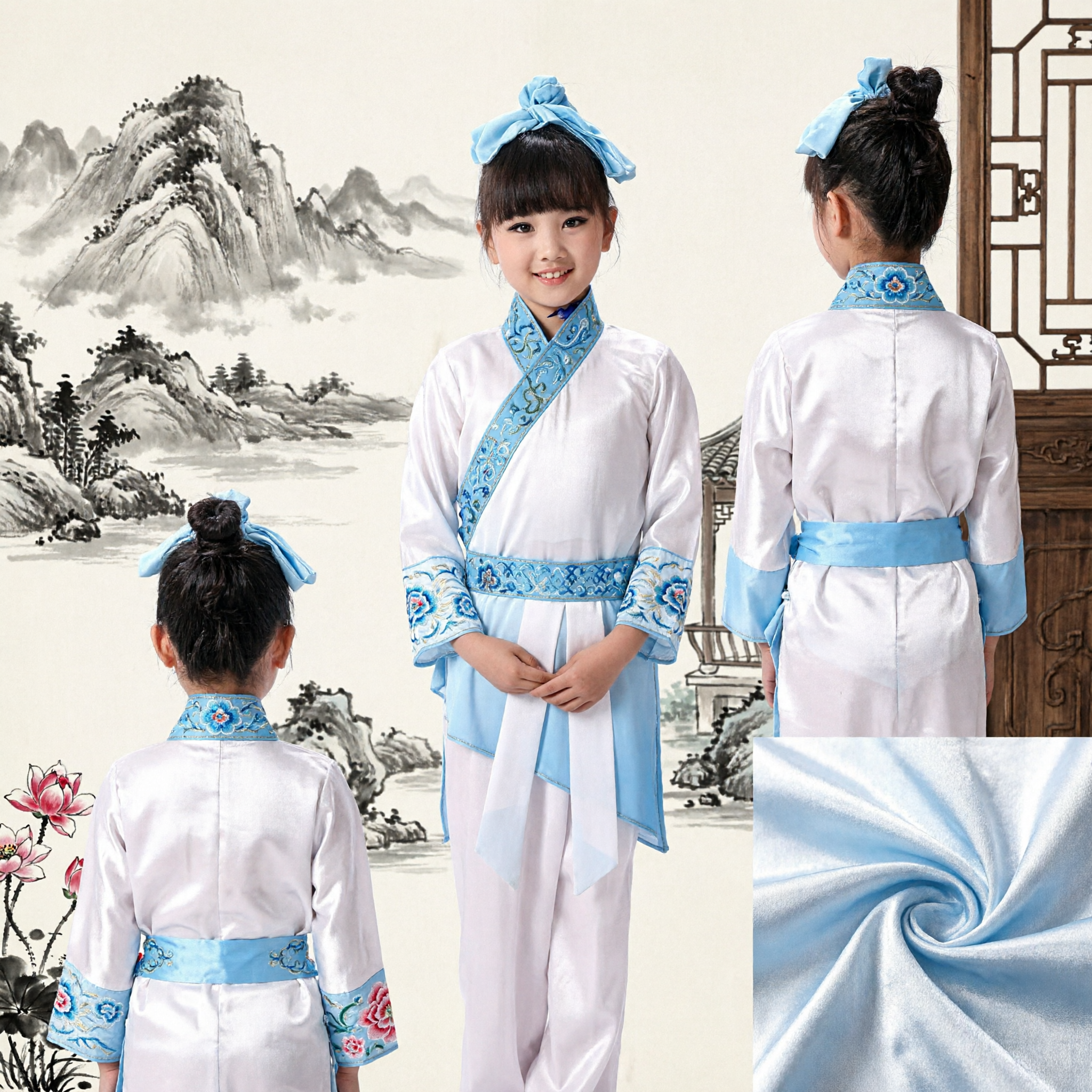 Costume traditionnel chinois Hanfu bleu et blanc pour enfants, tenue d'érudit ancien pour spectacle scénique et danse - Asian Costume