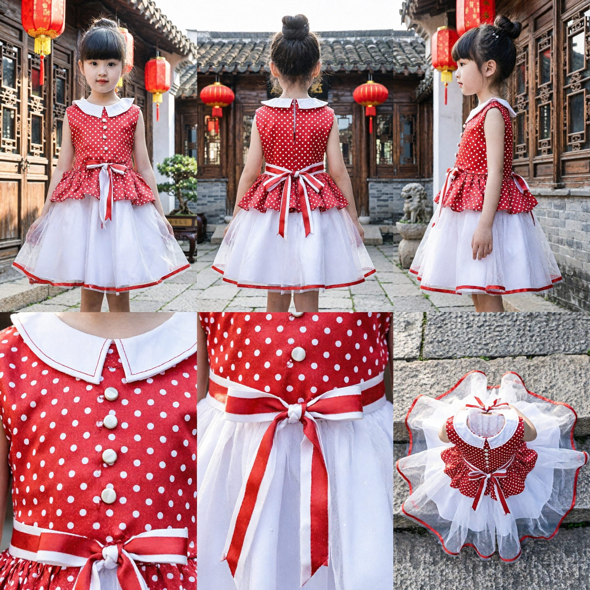 Vestido Rojo de Lunares para Niñas Sin Mangas Falda de Tul Blanco Traje para Actuación Escénica y Fiestas - Asian Costume