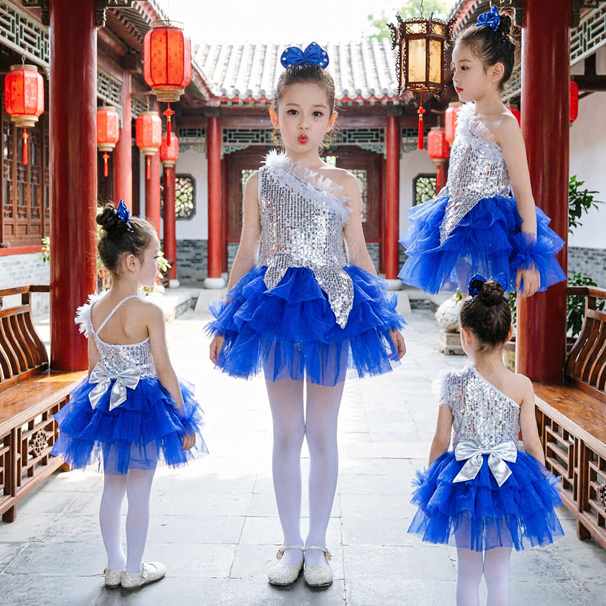 Traje de Dança com Lantejoulas Azul Royal de Uma Alça para Meninas Vestido Tutu de Tule em Camadas para Performance no Palco - Asian Costume