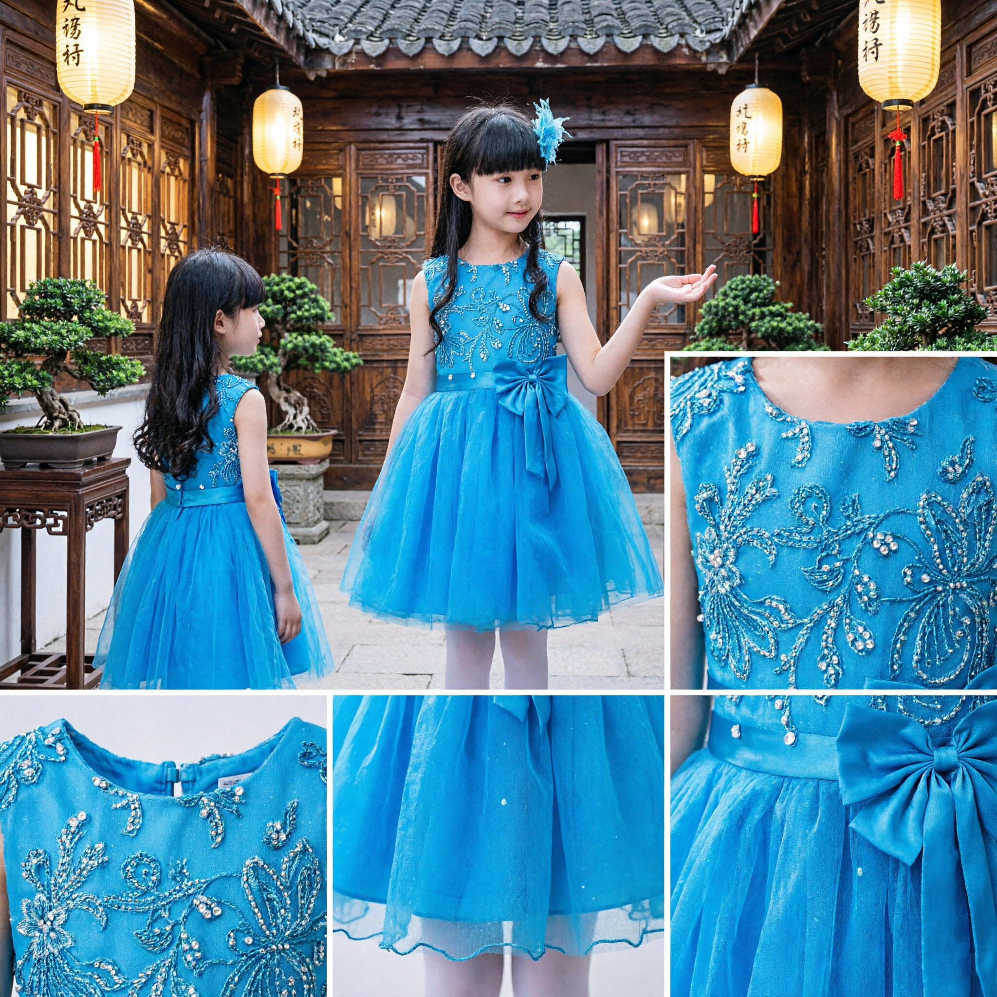 Vestido de Princesa Azul para Niñas para Fiestas, Corpiño de Lentejuelas y Falda de Tul, Traje para Damita de Boda y Actuaciones - Asian Costume