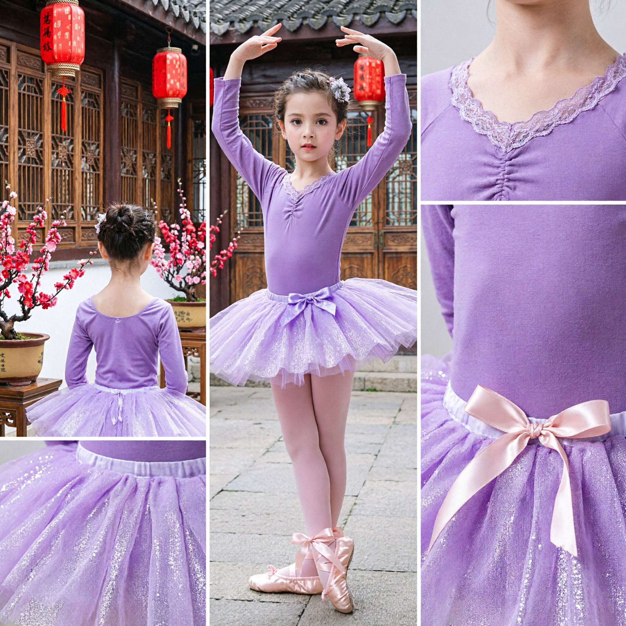 Traje de Danza China Púrpura para Niñas, Leotardo de Ballet de Manga Larga y Tul, Atuendo Tradicional para Actuaciones - Asian Costume