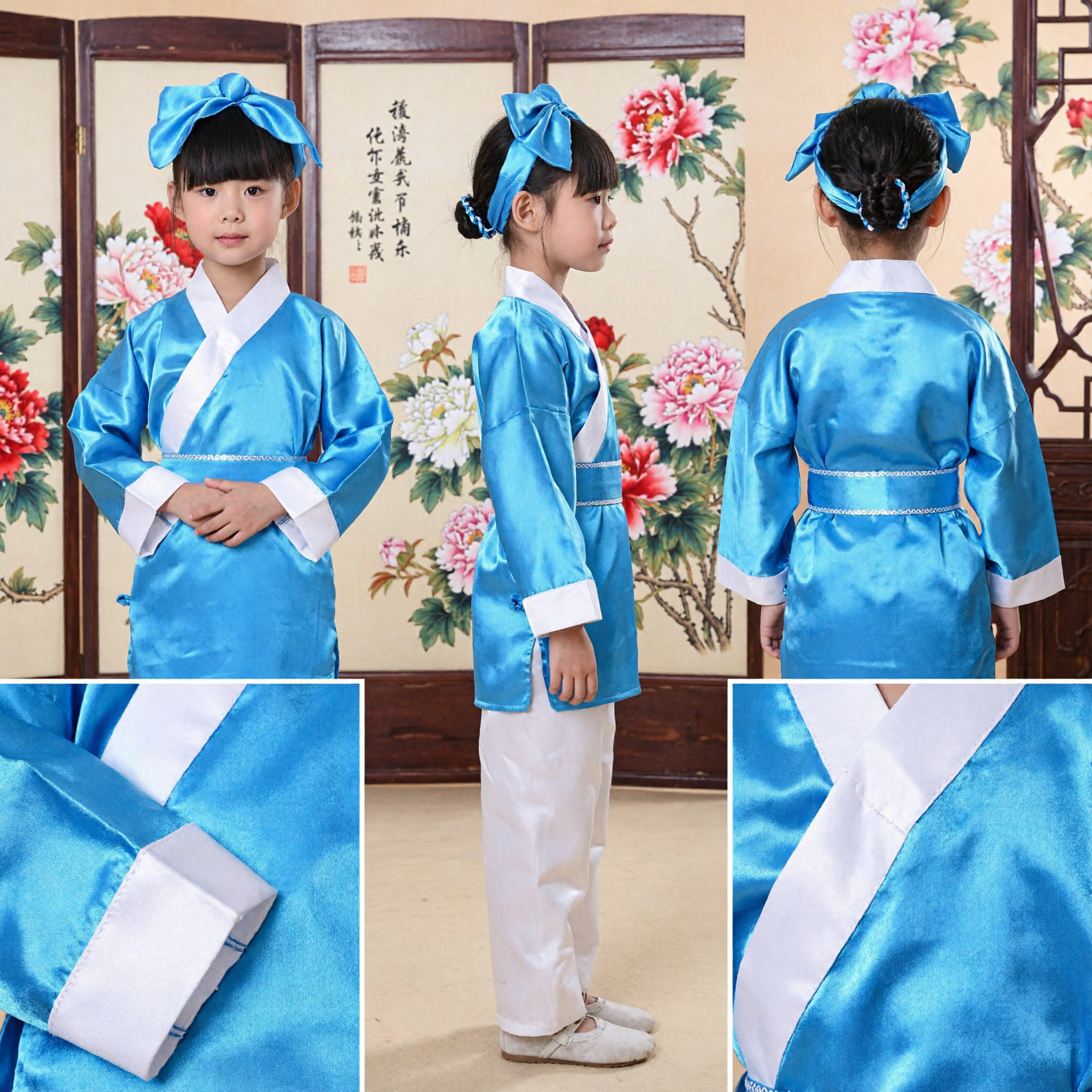 Tradycyjny Koreański Kostium Hanbok dla Dzieci, Niebieski Zestaw Jeogori i Białe Spodnie dla Dziewczynek na Kulturowy Występ Taneczny - Asian Costume